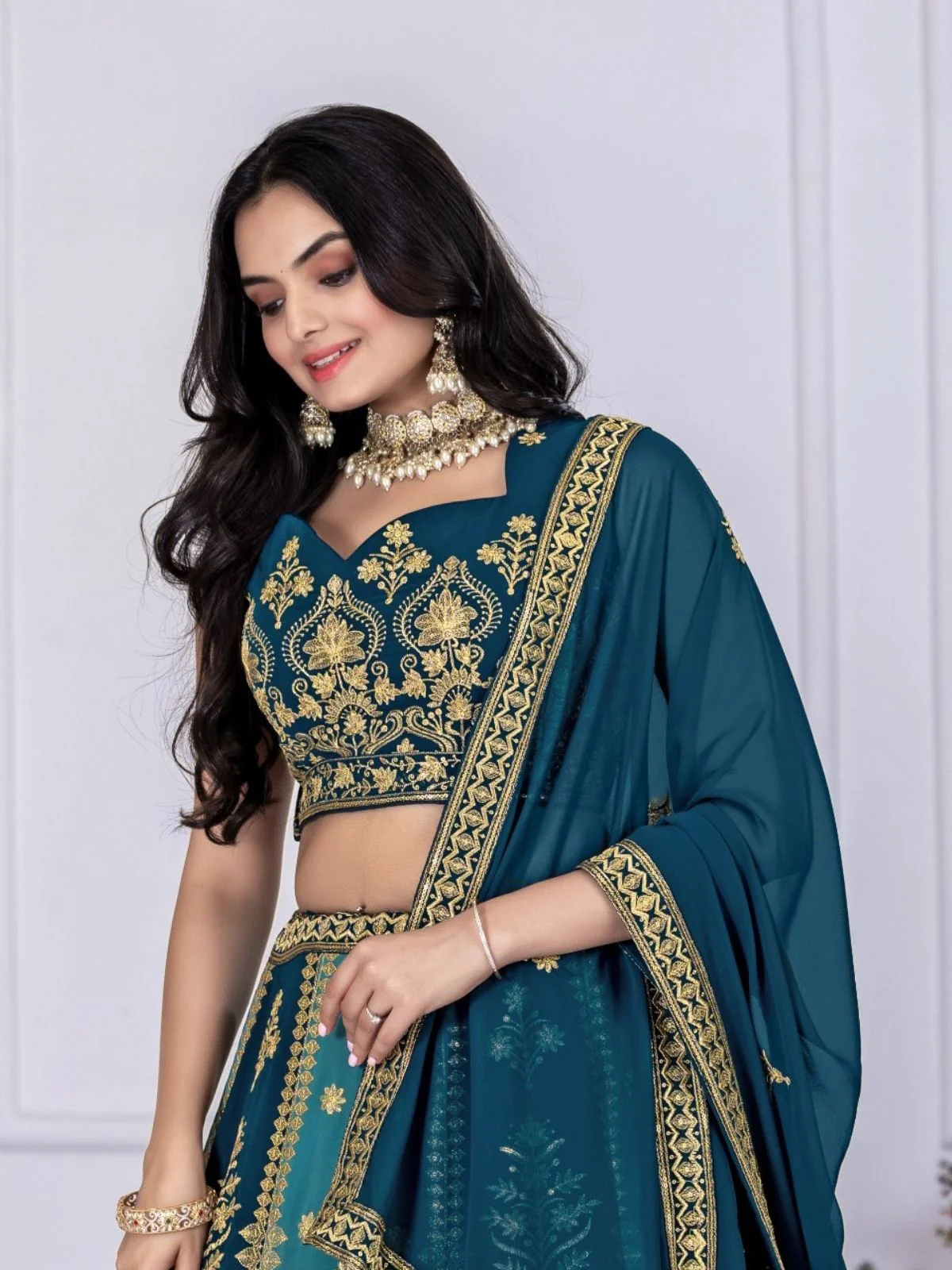 Odette Blue And Teal Georgette Embroidered Semi-Stitched lehenga For Women - Image 5
