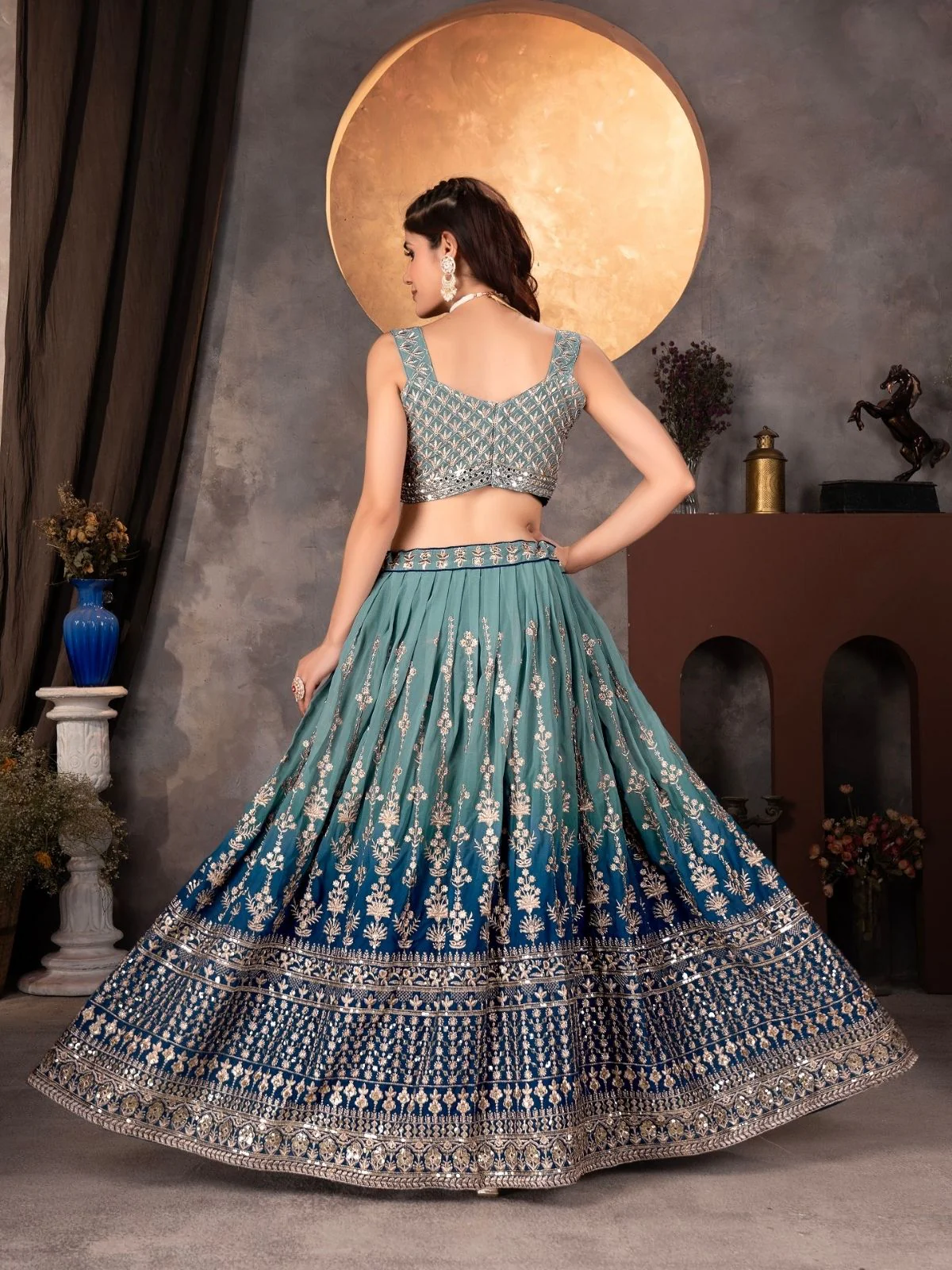 Odette Blue Georgette Embroidered Semi-Stitched lehenga For Women - Image 4