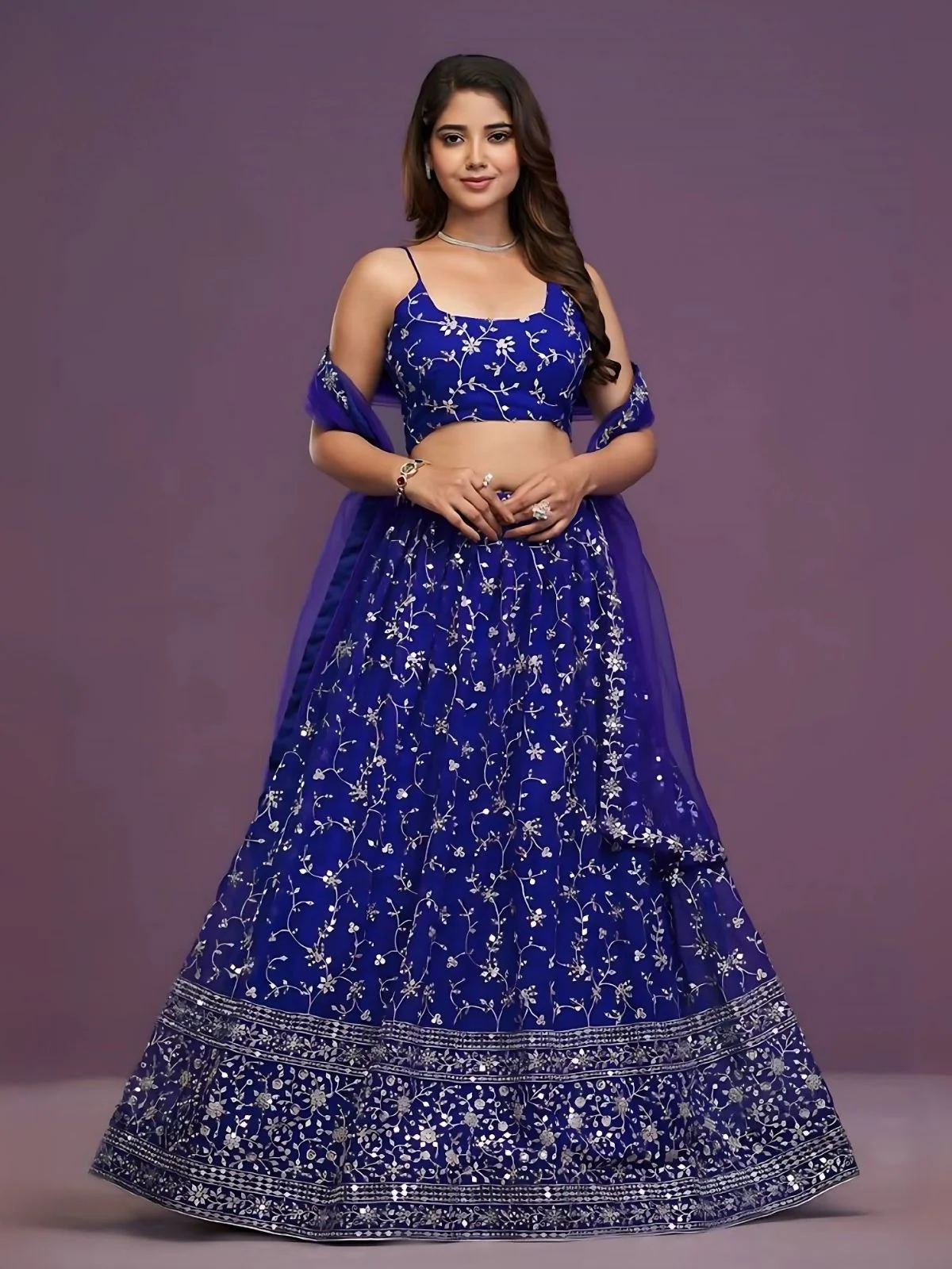 Odette Blue Georgette Embroidered Semi-Stitched Lehenga For Women
