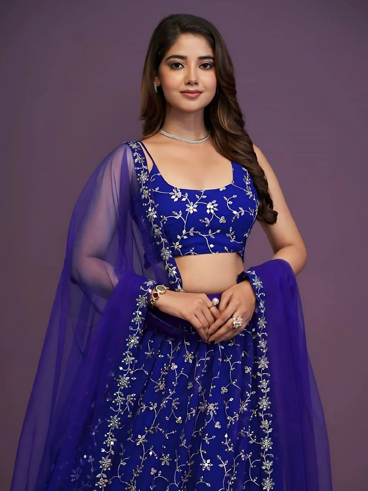 Odette Blue Georgette Embroidered Semi-Stitched Lehenga For Women - Image 3