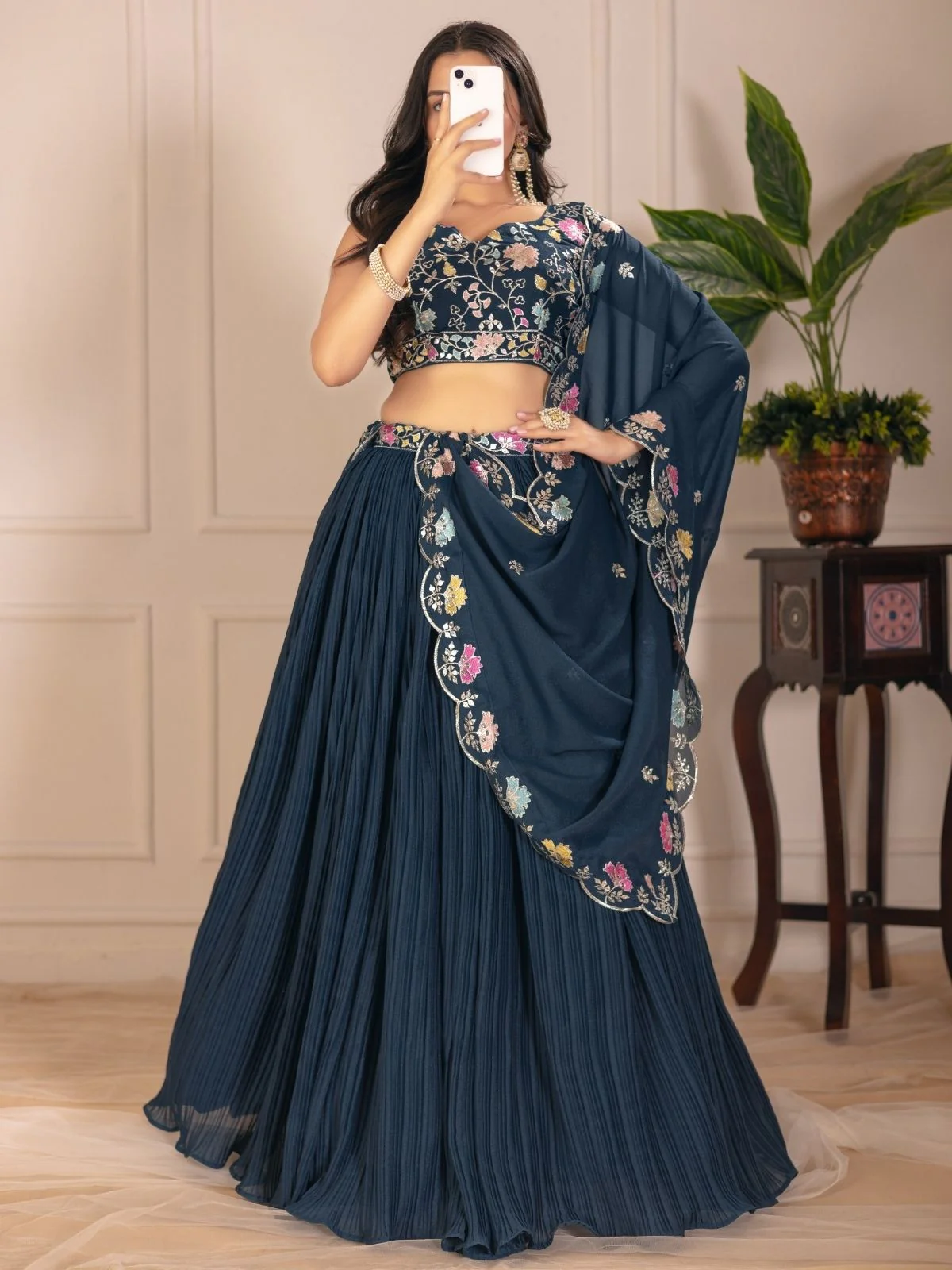 Odette Blue Georgette Embroidered Semi-Stitched lehenga For Women