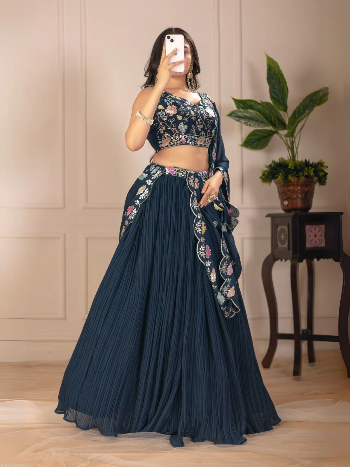 Odette Blue Georgette Embroidered Semi-Stitched lehenga For Women - Image 2