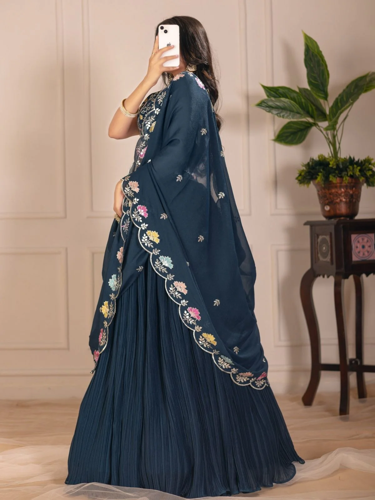 Odette Blue Georgette Embroidered Semi-Stitched lehenga For Women - Image 3