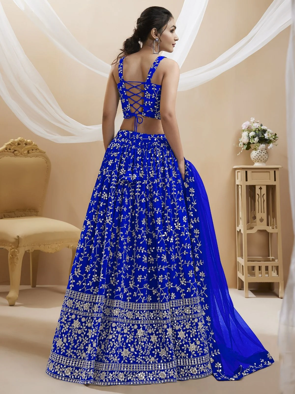 Odette Blue Georgette Embroidered Semi-Stitched Lehenga For Women - Image 2
