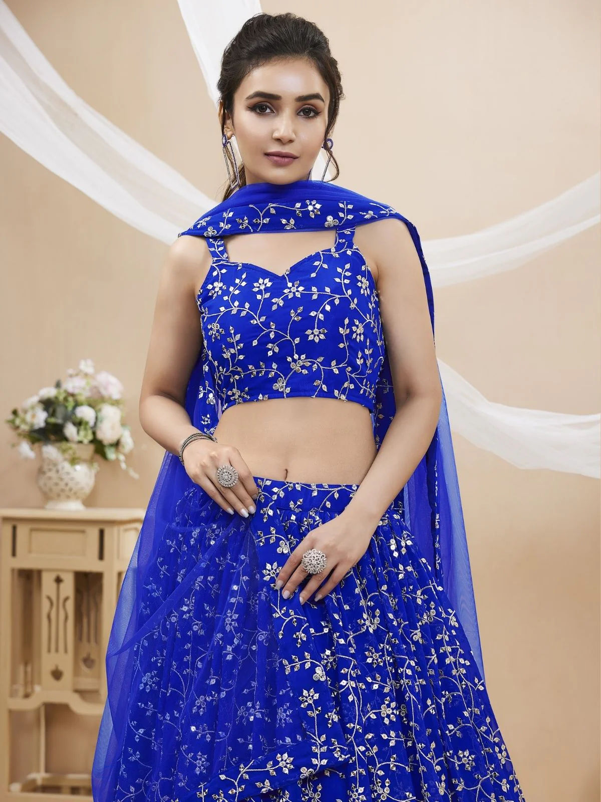 Odette Blue Georgette Embroidered Semi-Stitched Lehenga For Women - Image 4