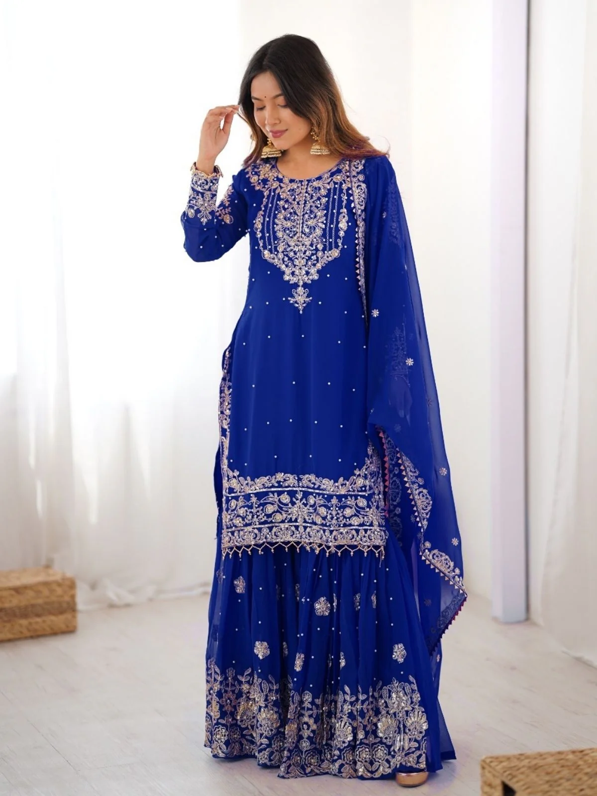 Odette Blue Georgette Embroidered Stitched Kurta Set For Women - Image 3