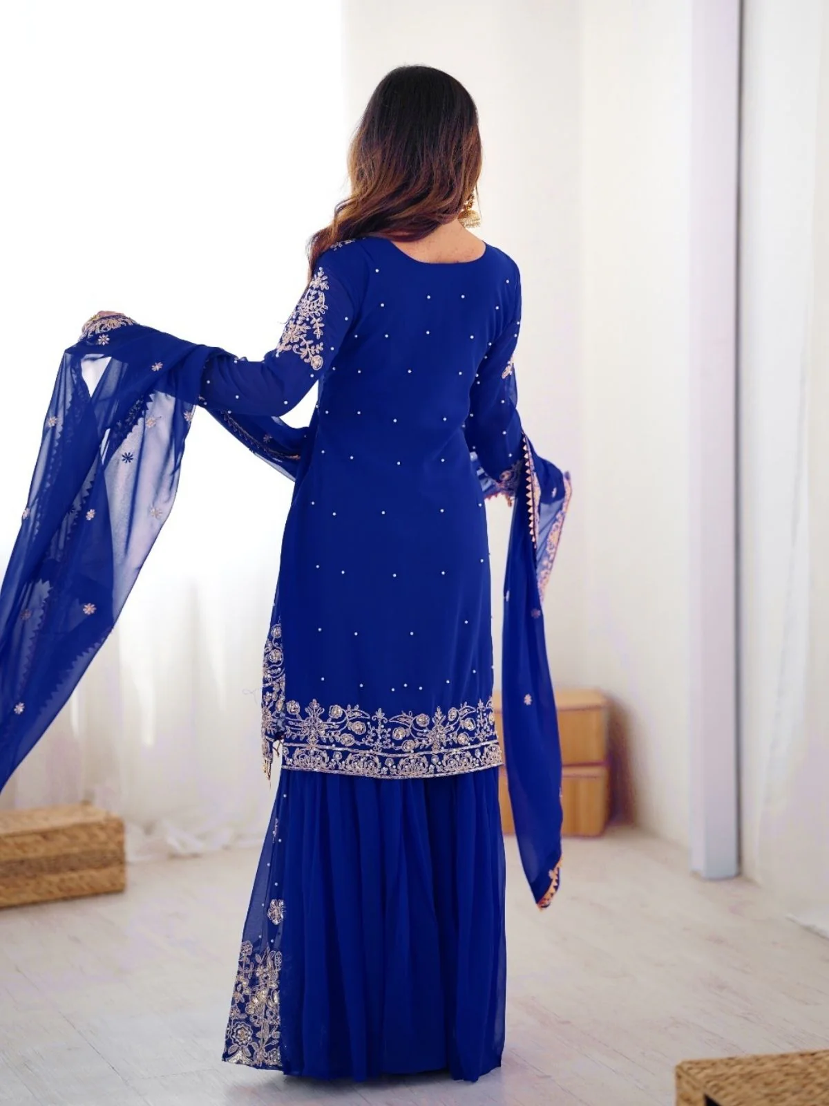 Odette Blue Georgette Embroidered Stitched Kurta Set For Women - Image 5