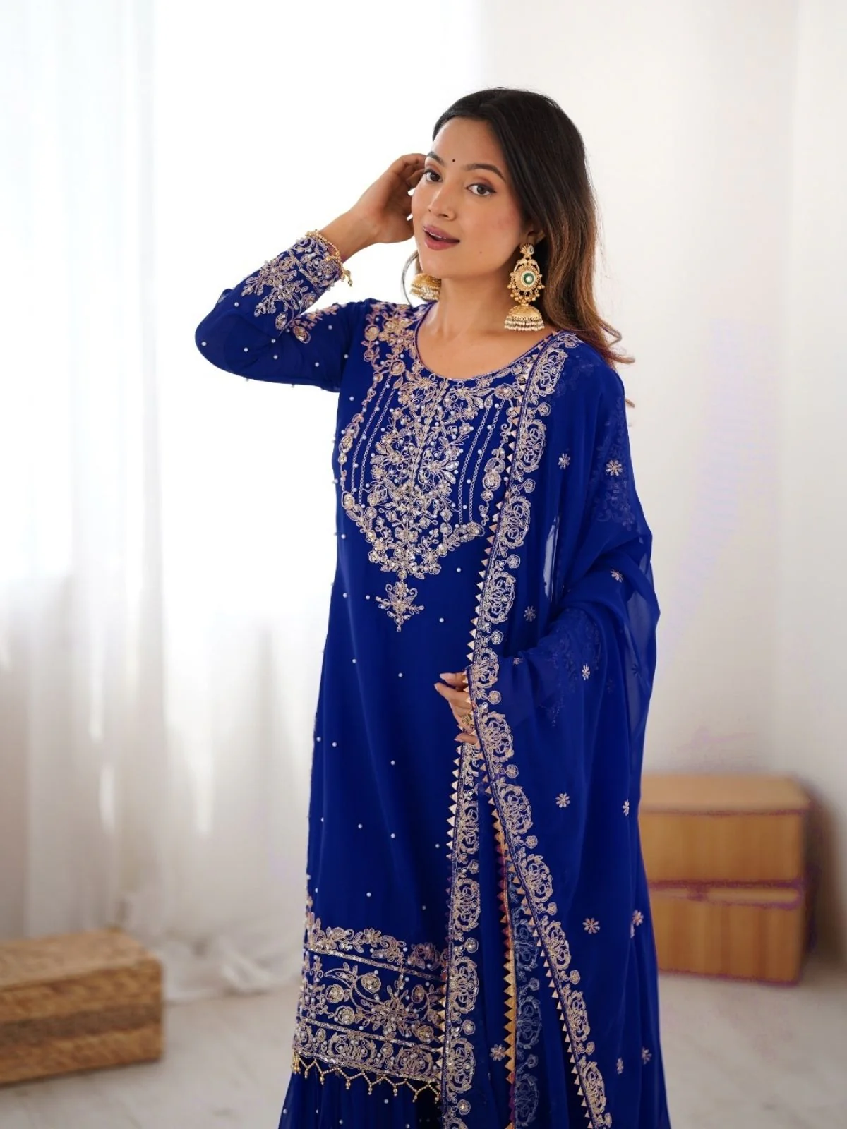 Odette Blue Georgette Embroidered Stitched Kurta Set For Women - Image 6