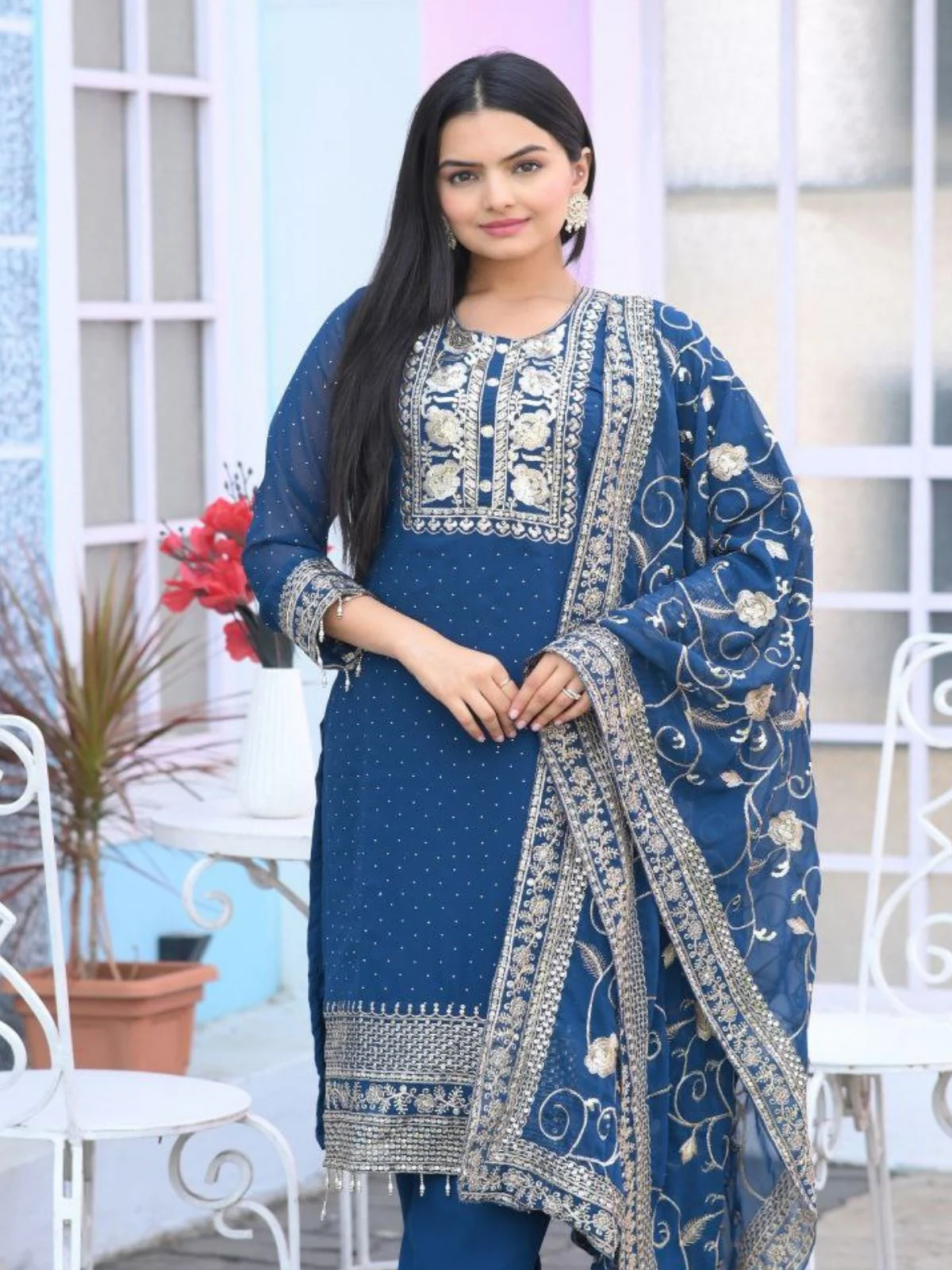 Odette Blue Georgette Embroidered Stitched Kurta Set For Women - Image 2