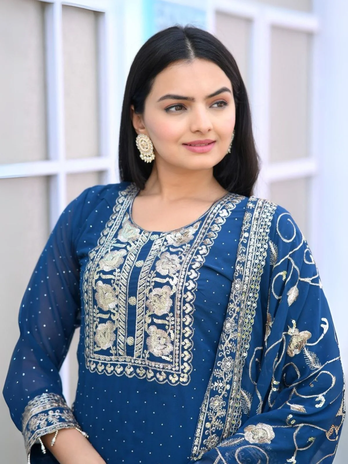 Odette Blue Georgette Embroidered Stitched Kurta Set For Women - Image 3