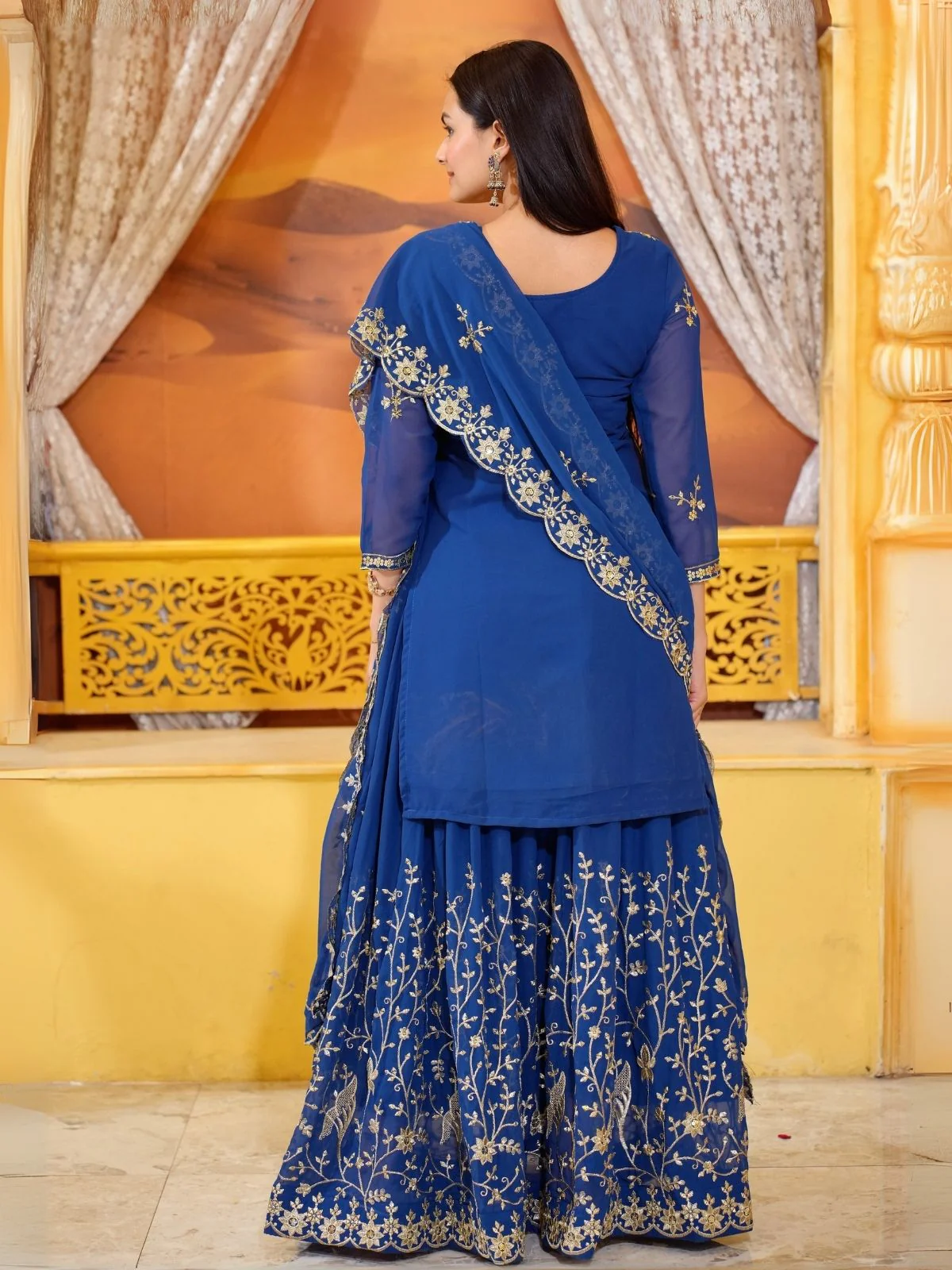 Odette Blue Georgette Embroidered Stitched Kurta Set For Women - Image 2
