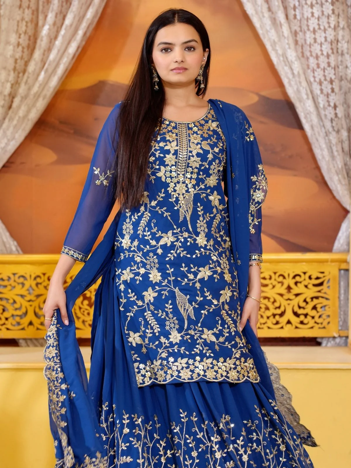 Odette Blue Georgette Embroidered Stitched Kurta Set For Women - Image 3