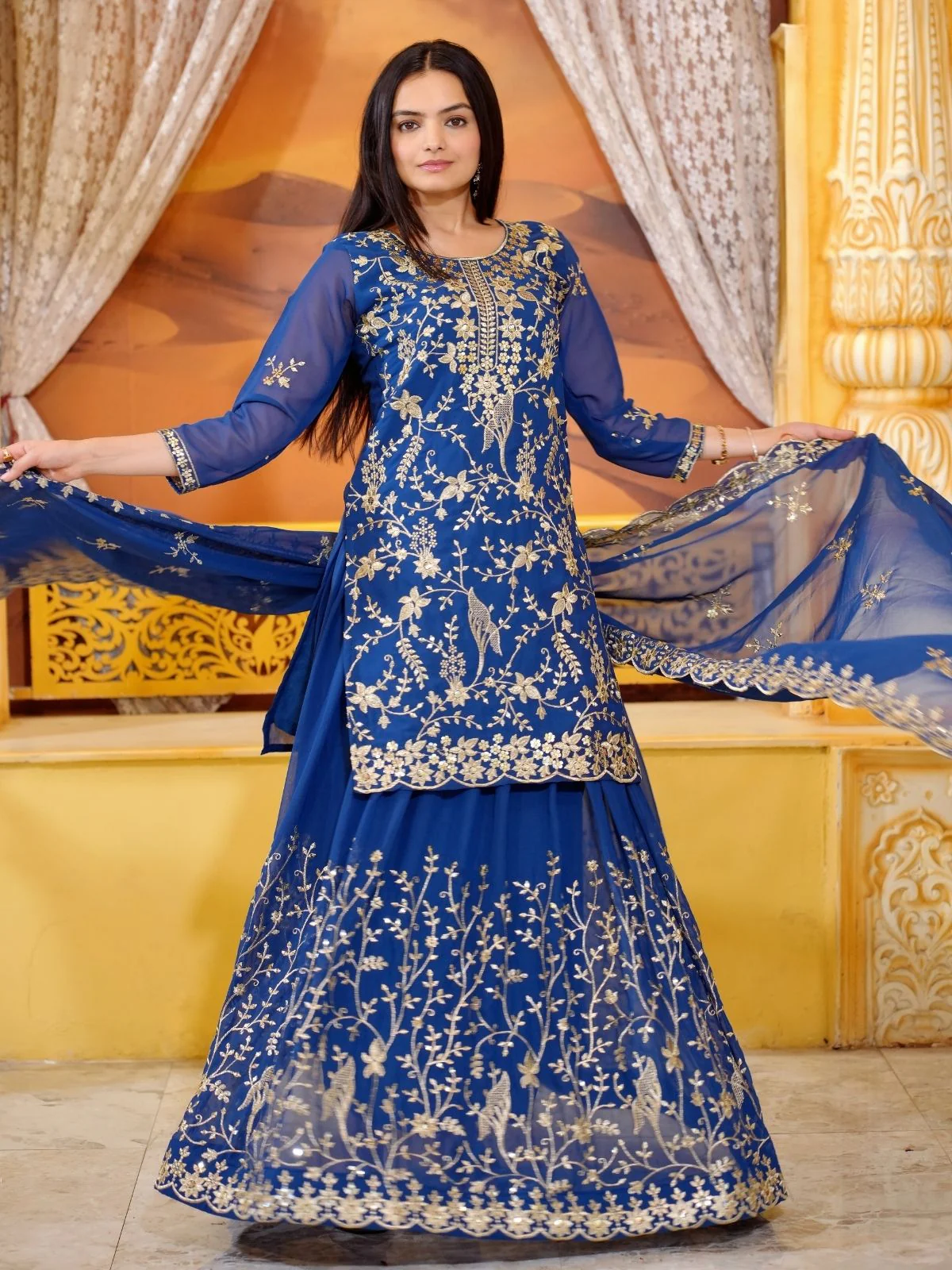 Odette Blue Georgette Embroidered Stitched Kurta Set For Women - Image 5