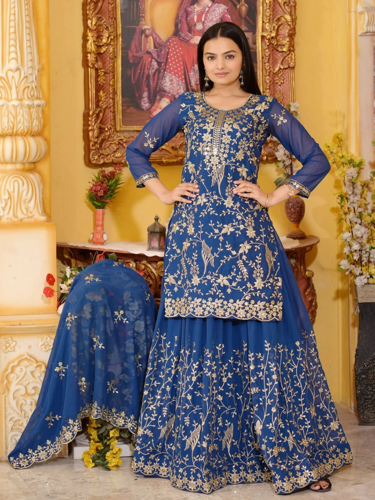 Odette Blue Georgette Embroidered Stitched Kurta Set For Women - Image 6