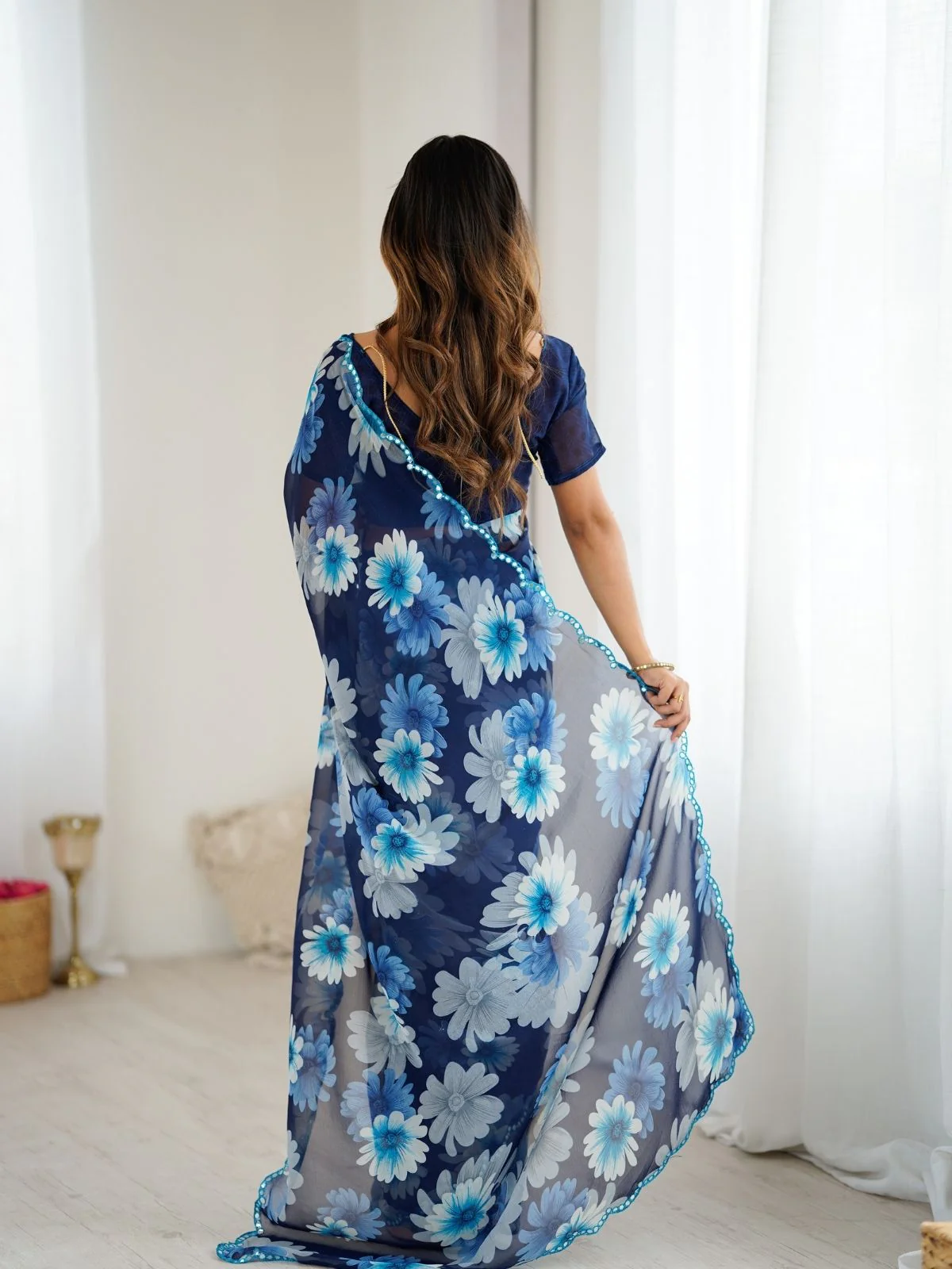 Odette Blue Georgette Floral Print Saree For Women - Image 3