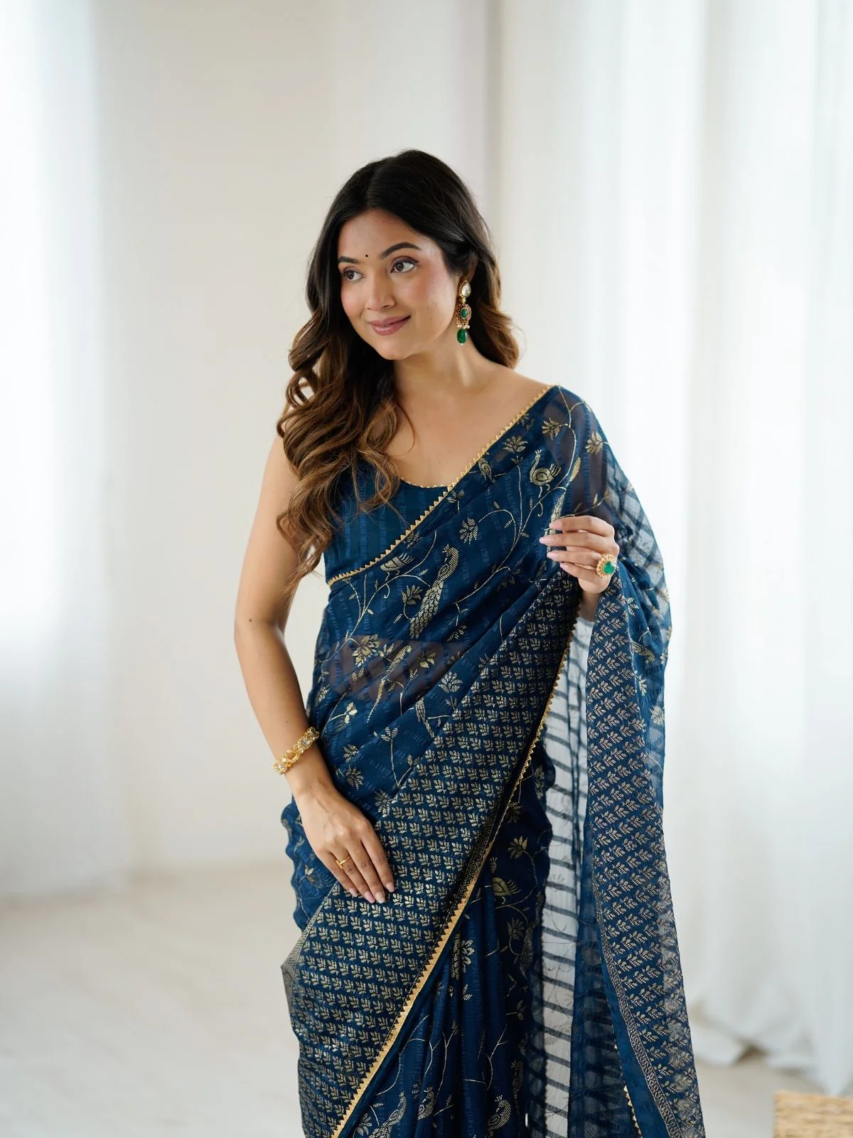 Odette Blue Georgette Peacock Motifs Saree For Women - Image 4