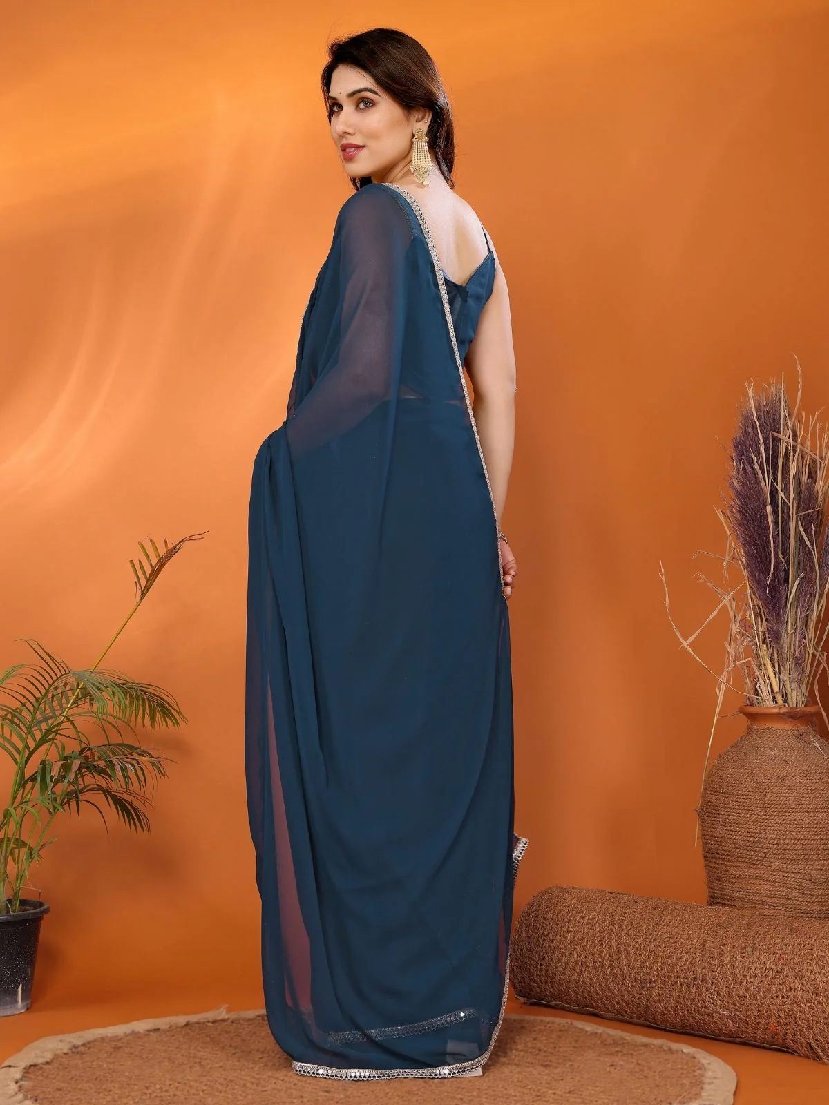 Odette Blue Georgette Plain Saree With Unstitched Blouse For Women - Image 4