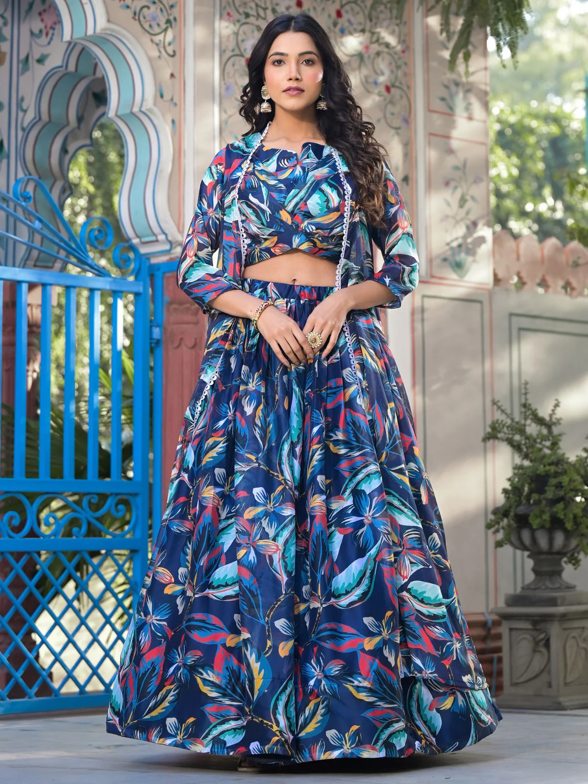 Odette Blue Georgette Printed Co-ord set For Women