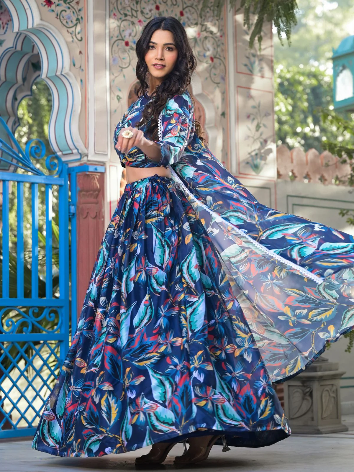 Odette Blue Georgette Printed Co-ord set For Women - Image 2
