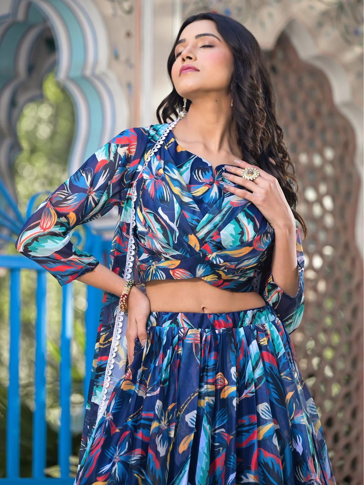 Odette Blue Georgette Printed Co-ord set For Women - Image 5