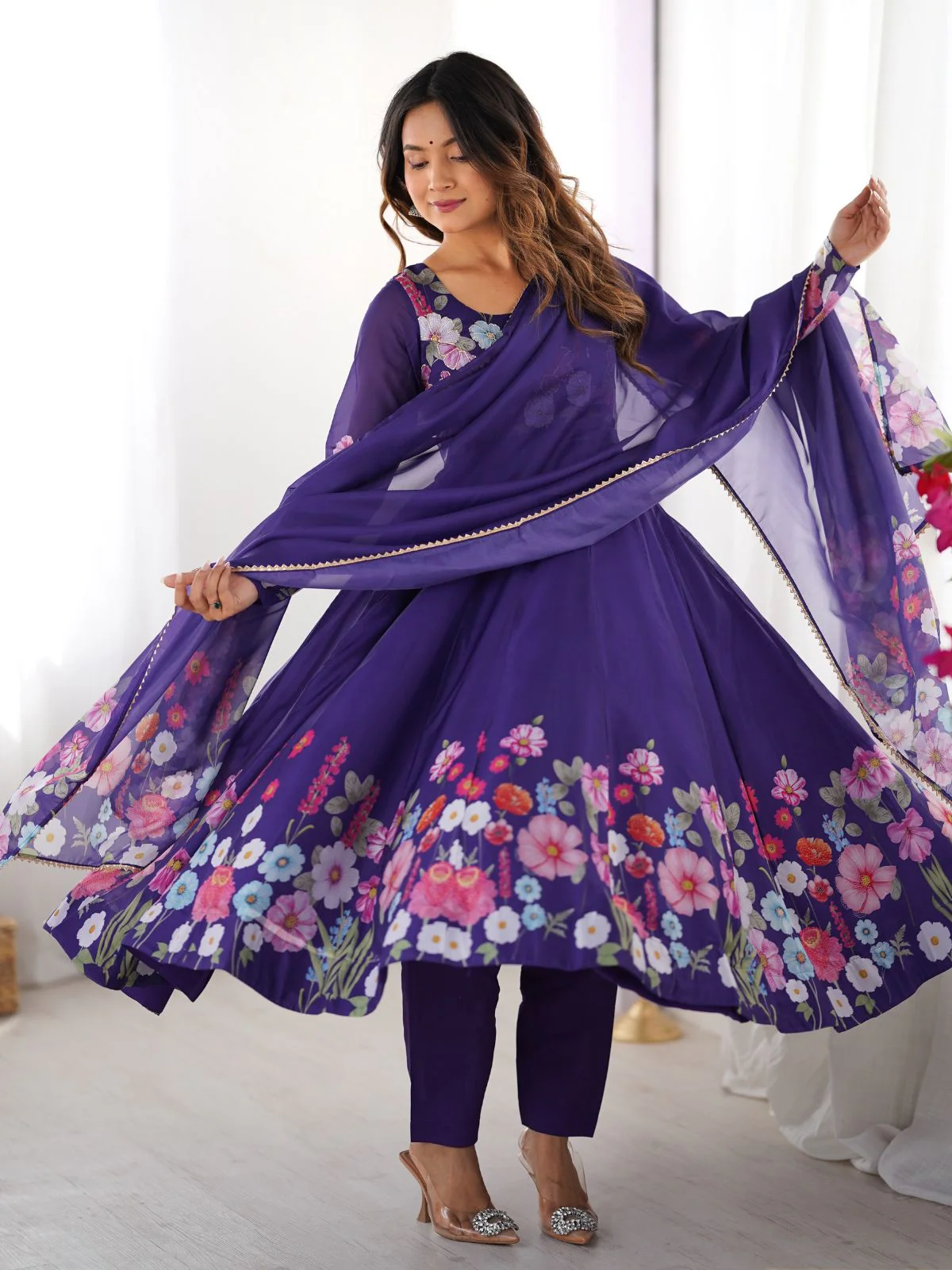 Odette Blue Georgette Printed Kurta Set For Women - Image 3
