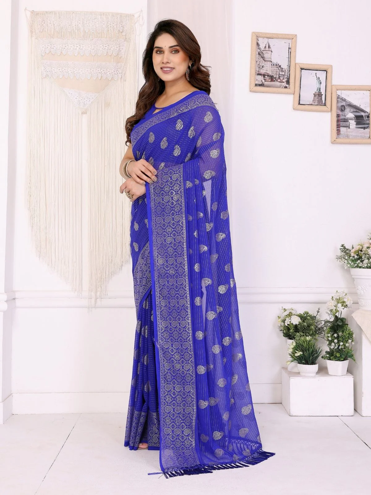 Odette Blue Georgette Printed Saree For Women - Image 2