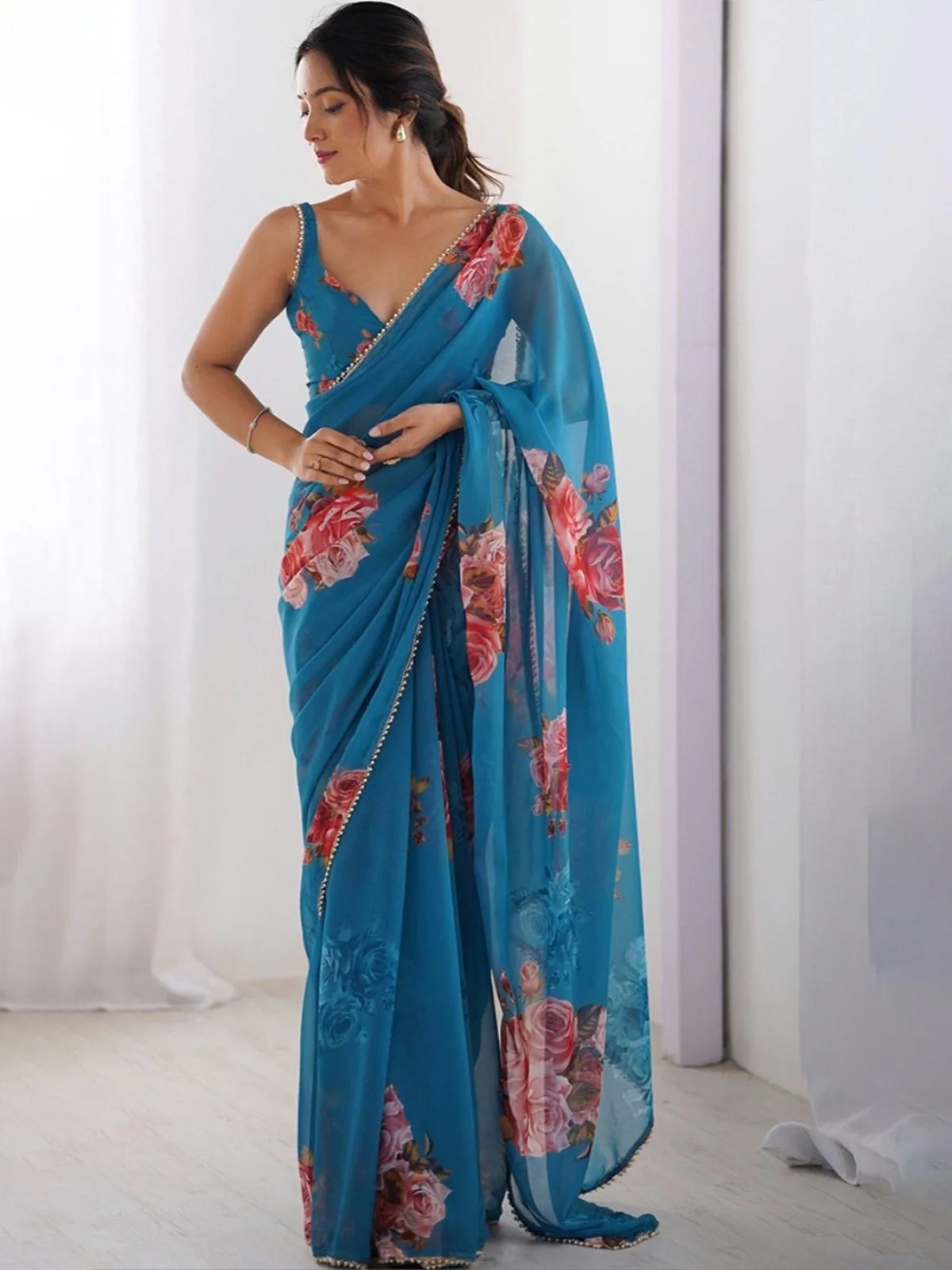 Odette Blue Georgette Printed Saree For Women - Image 3