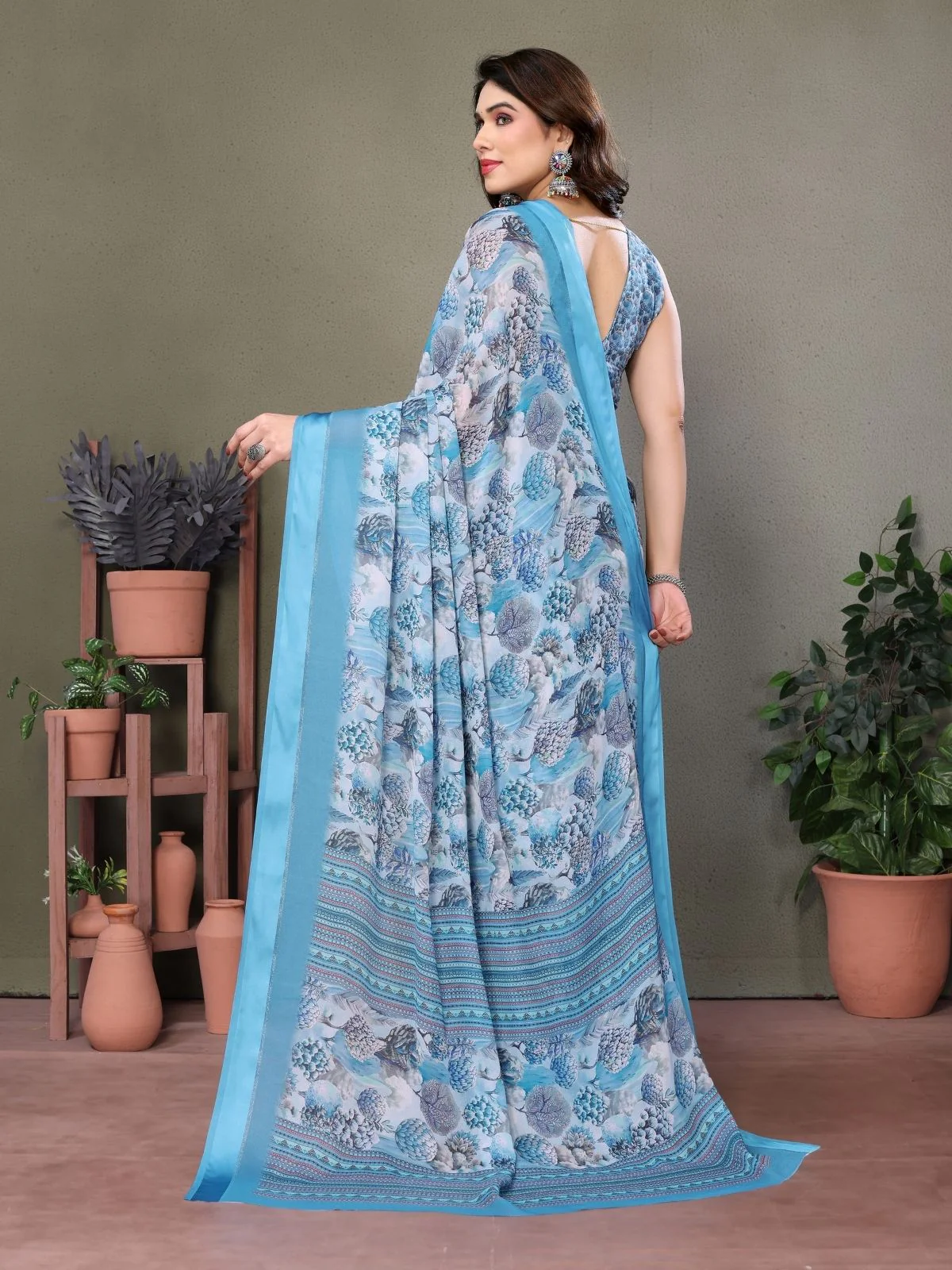 Odette Blue Georgette Printed Saree For Women - Image 3