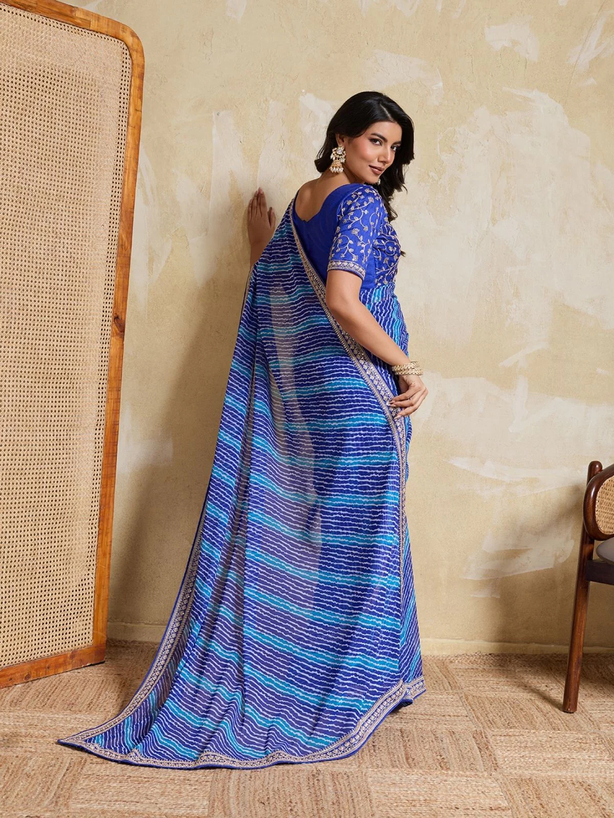 Odette Blue Georgette Printed Saree For Women - Image 3