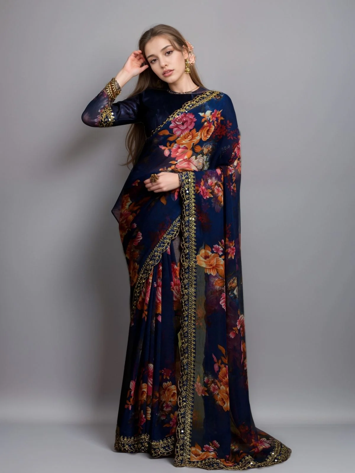 Odette Blue Georgette Printed Saree For Women