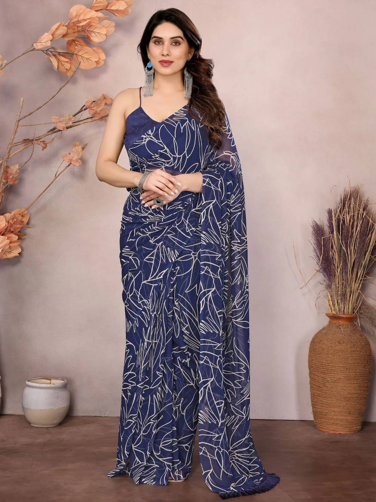 Odette Blue Georgette Printed Saree With Unstitched Blouse For Women