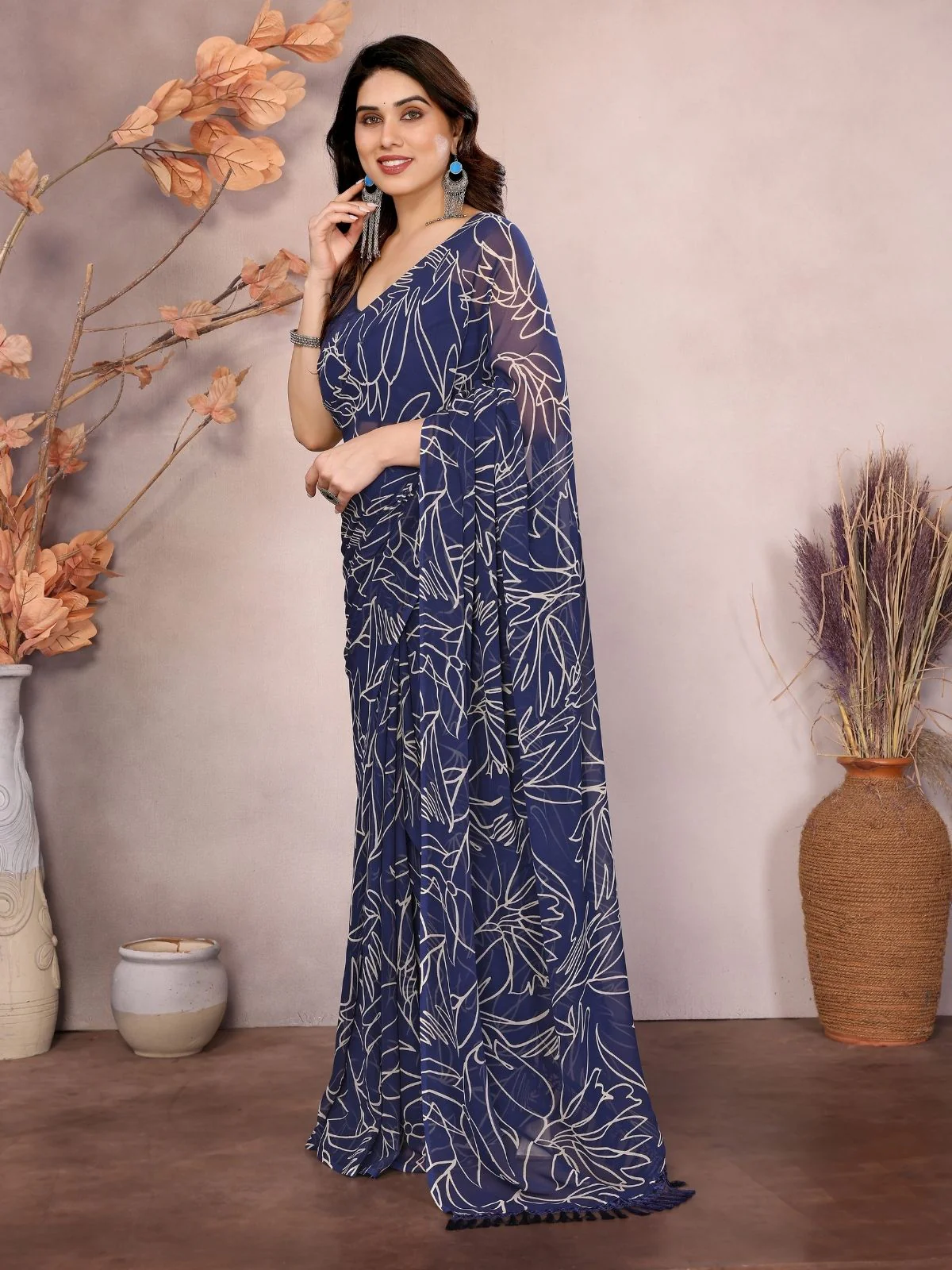 Odette Blue Georgette Printed Saree With Unstitched Blouse For Women - Image 2