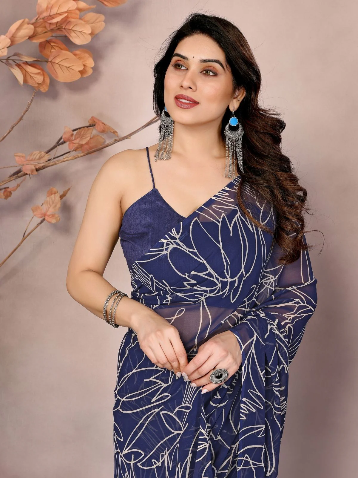 Odette Blue Georgette Printed Saree With Unstitched Blouse For Women - Image 4