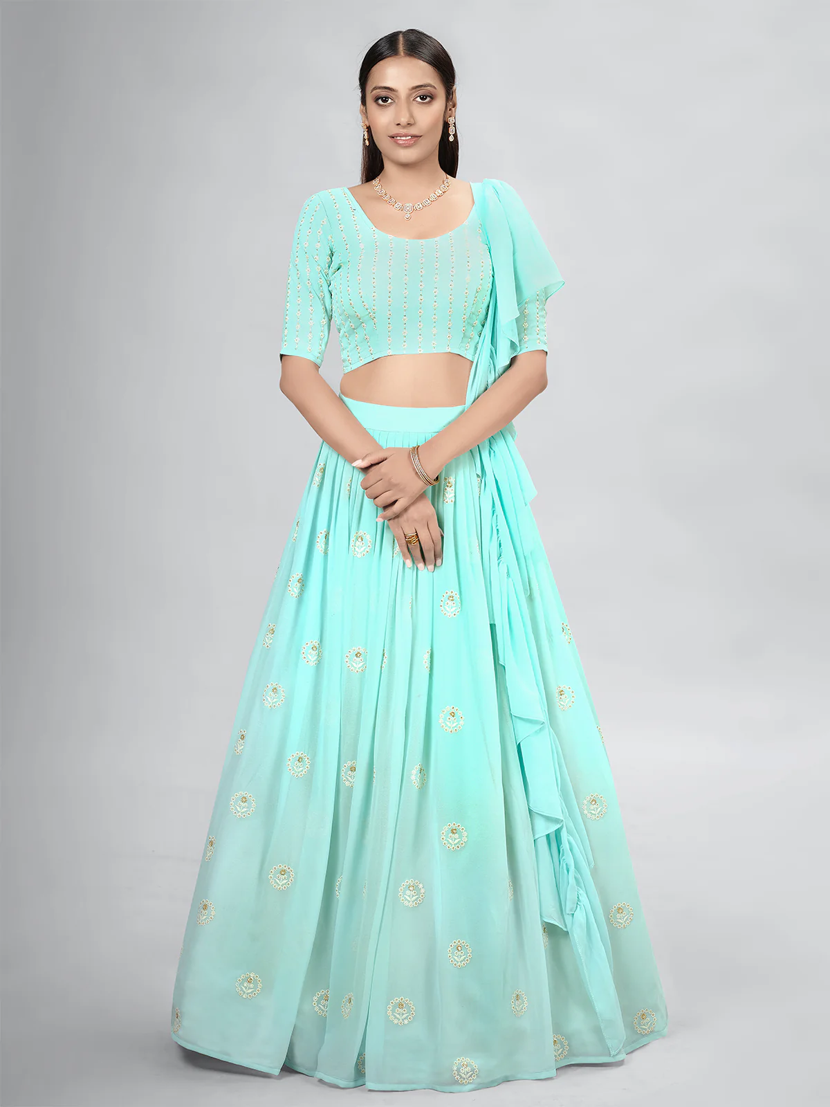 Odette Blue Georgette Printed Semi Stitched Lehenga With Unstitched Blouse For Women - Image 2