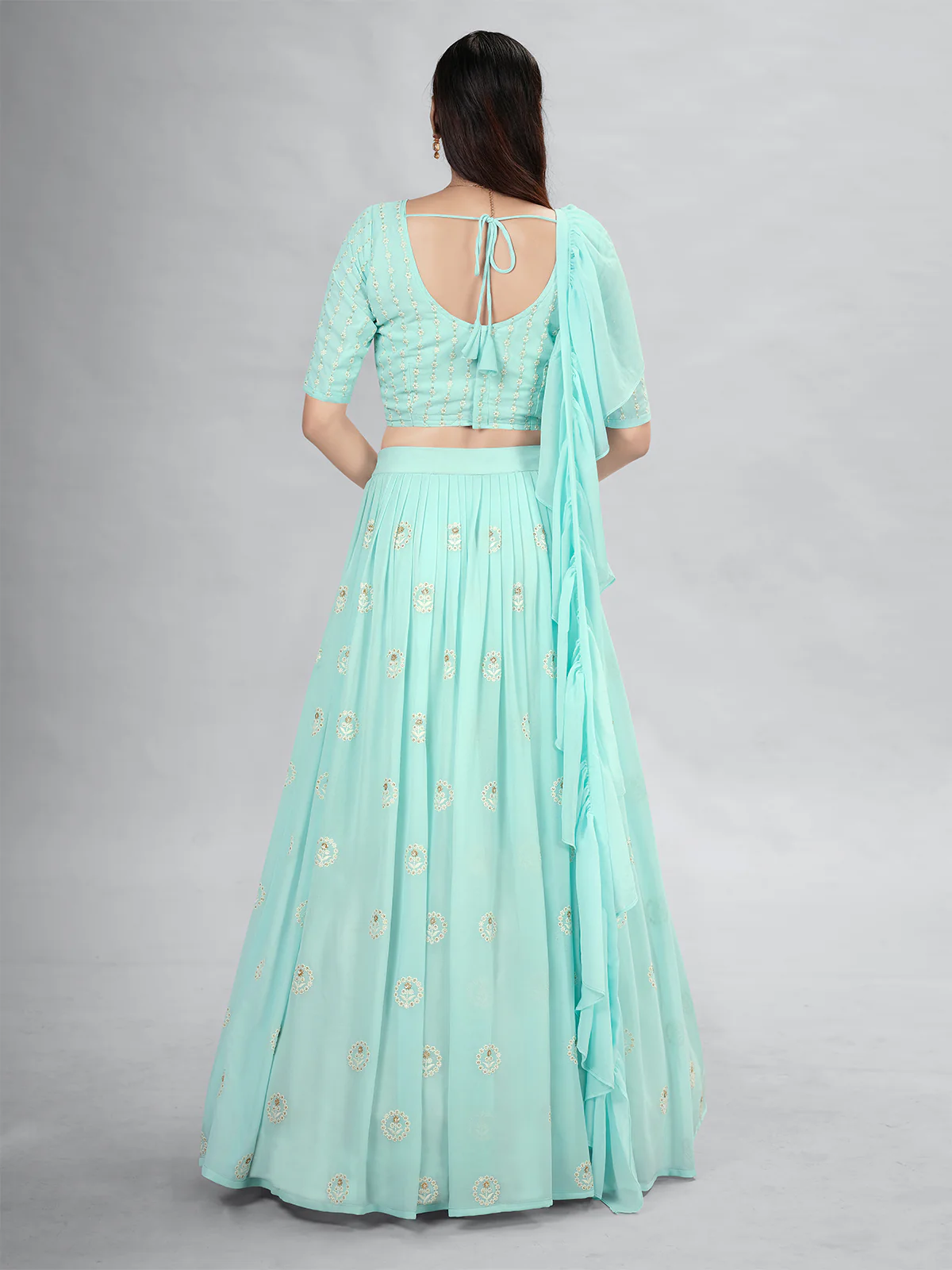 Odette Blue Georgette Printed Semi Stitched Lehenga With Unstitched Blouse For Women - Image 3