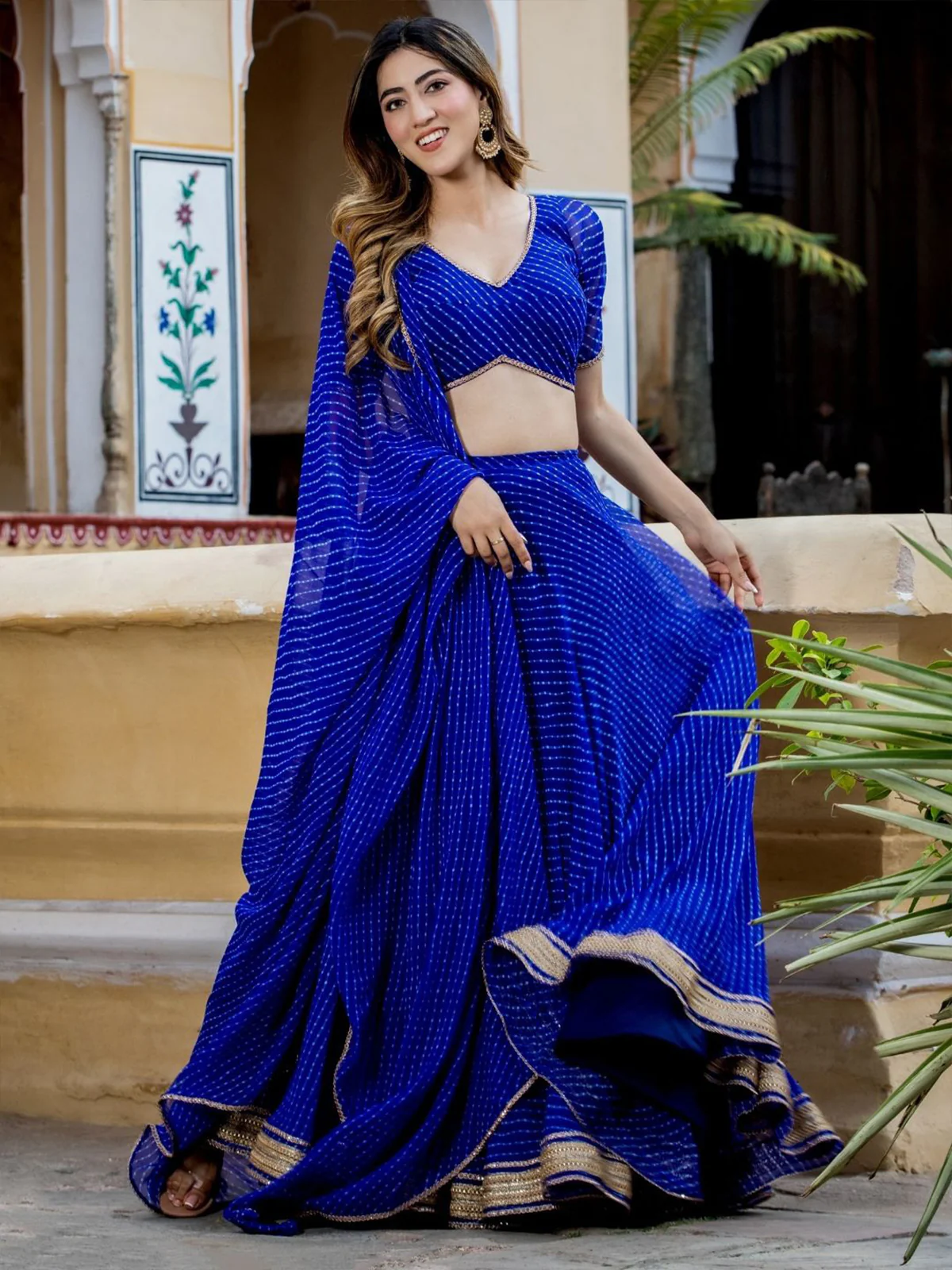 Odette Blue Georgette Printed Semi Stitched Lehenga With Unstitched Blouse For Women - Image 2