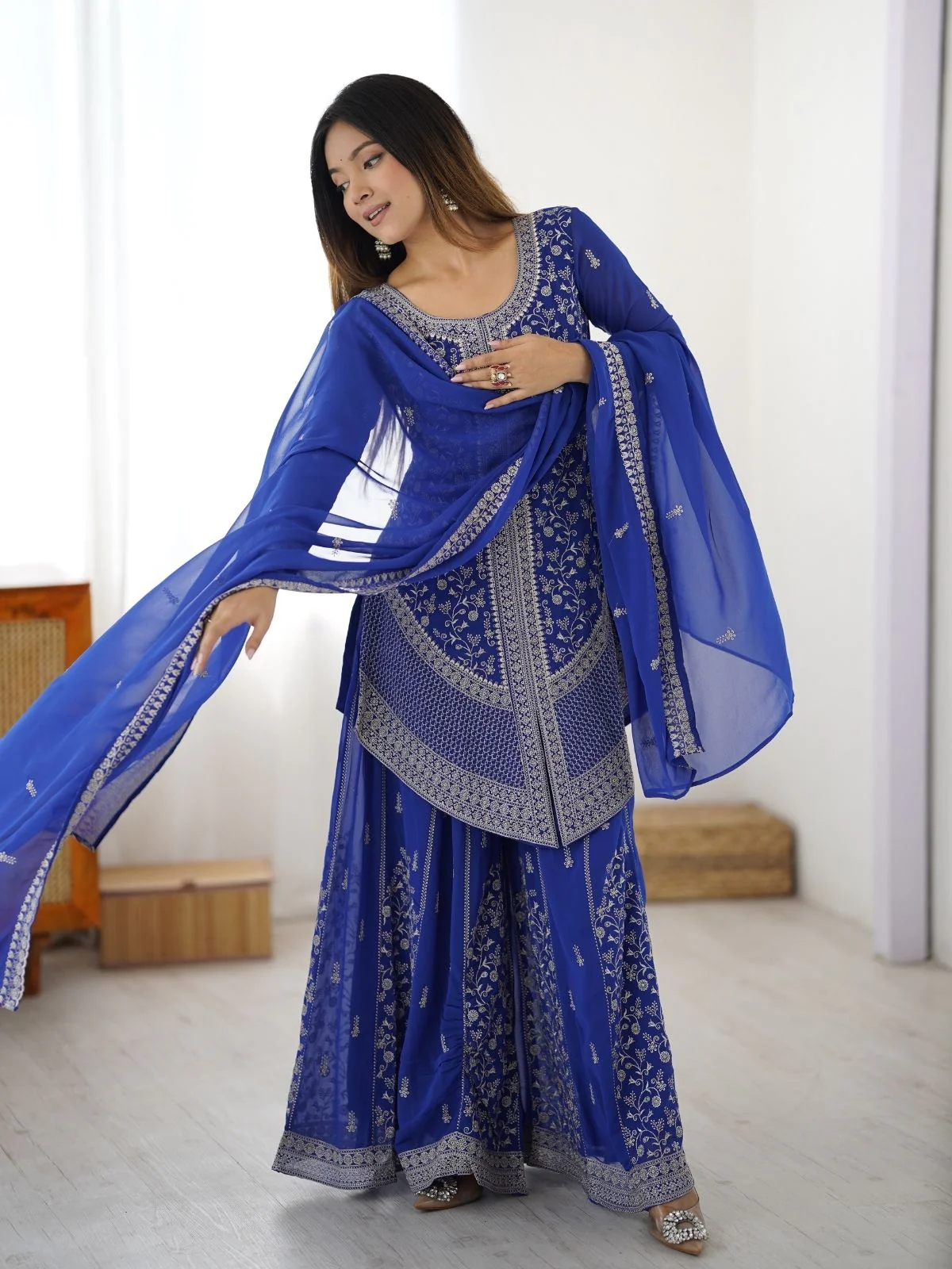Odette Blue Georgette Sequins Embroidered Stitched Kurta Set For Women - Image 4