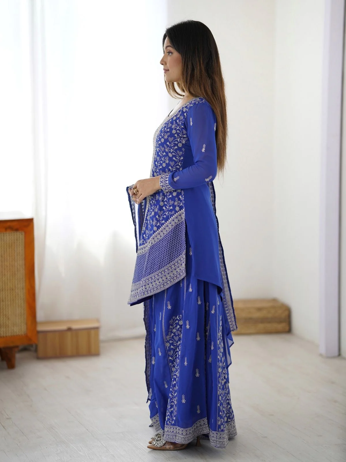Odette Blue Georgette Sequins Embroidered Stitched Kurta Set For Women - Image 5