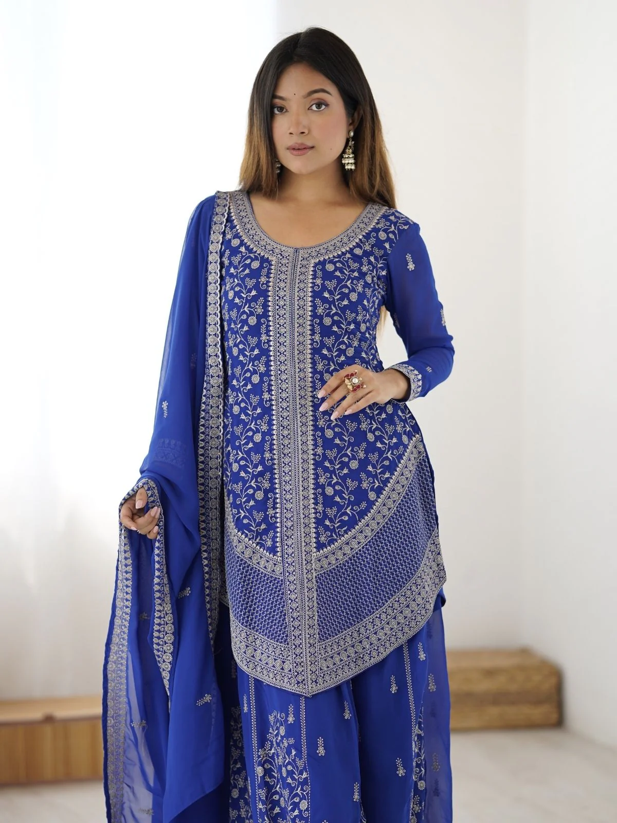 Odette Blue Georgette Sequins Embroidered Stitched Kurta Set For Women - Image 8