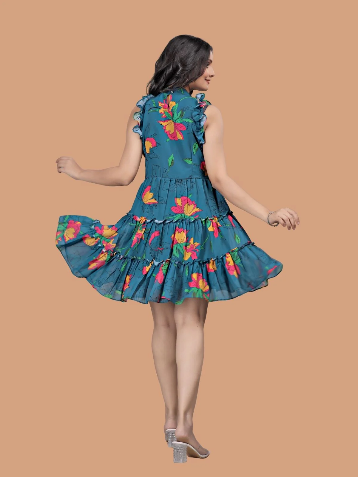 Odette Blue Georgette Solid Dress For Women - Image 3
