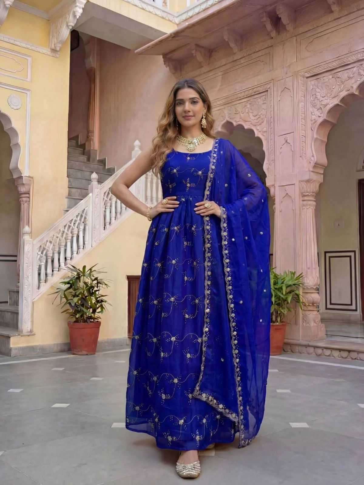 Odette Blue Georgette Solid Stitched Kurta Set For Women