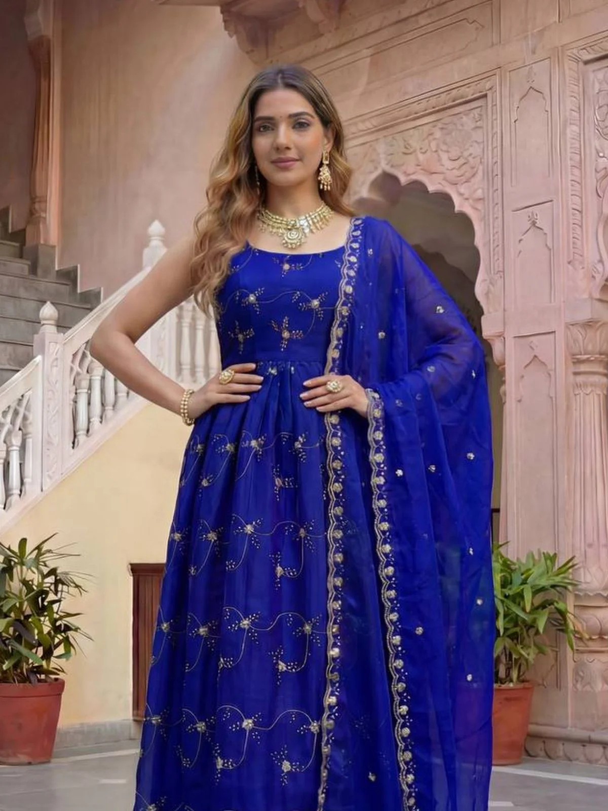 Odette Blue Georgette Solid Stitched Kurta Set For Women - Image 4