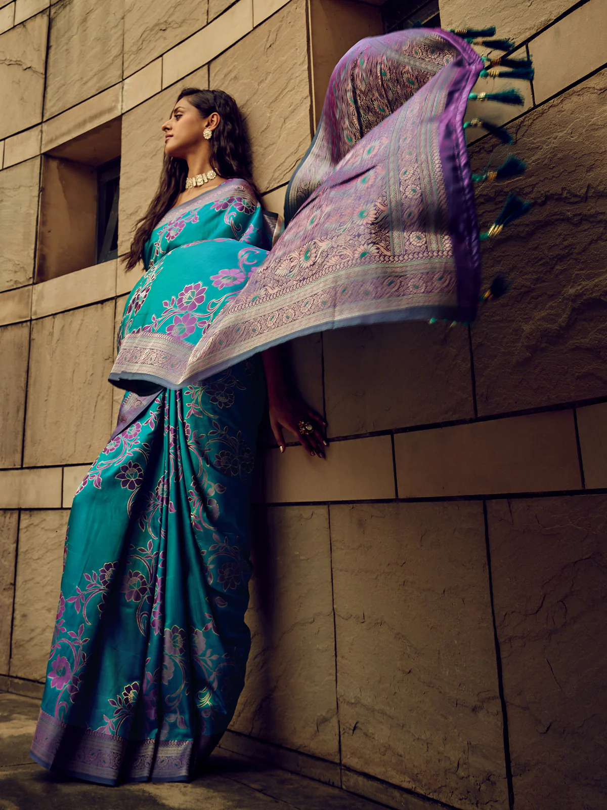 Odette Blue Handloom Woven Satin Saree For Women - Image 2