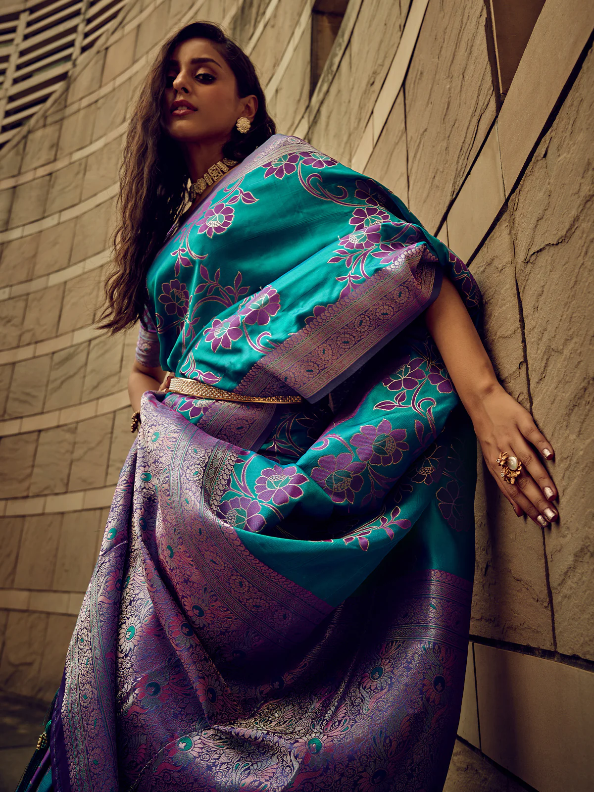 Odette Blue Handloom Woven Satin Saree For Women - Image 3