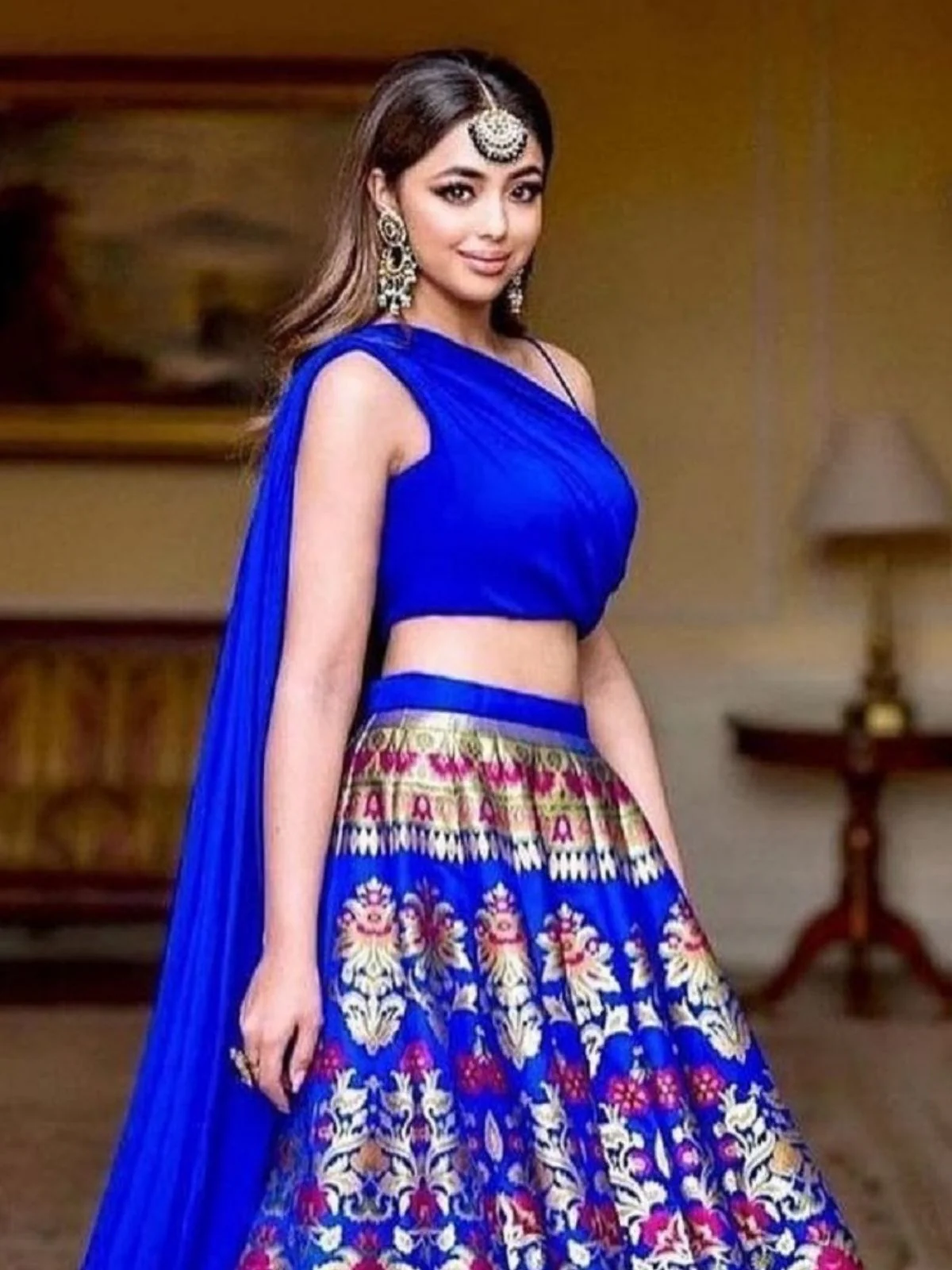 Odette Blue Jacquard Silk Woven Semi-Stitched Lehenga For Women - Image 3