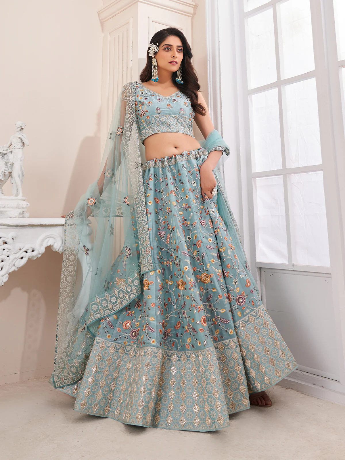 Odette Blue Organza Blend Embroidered Semi Stitched Lehenga With Unstitched Blouse for Women - Image 2