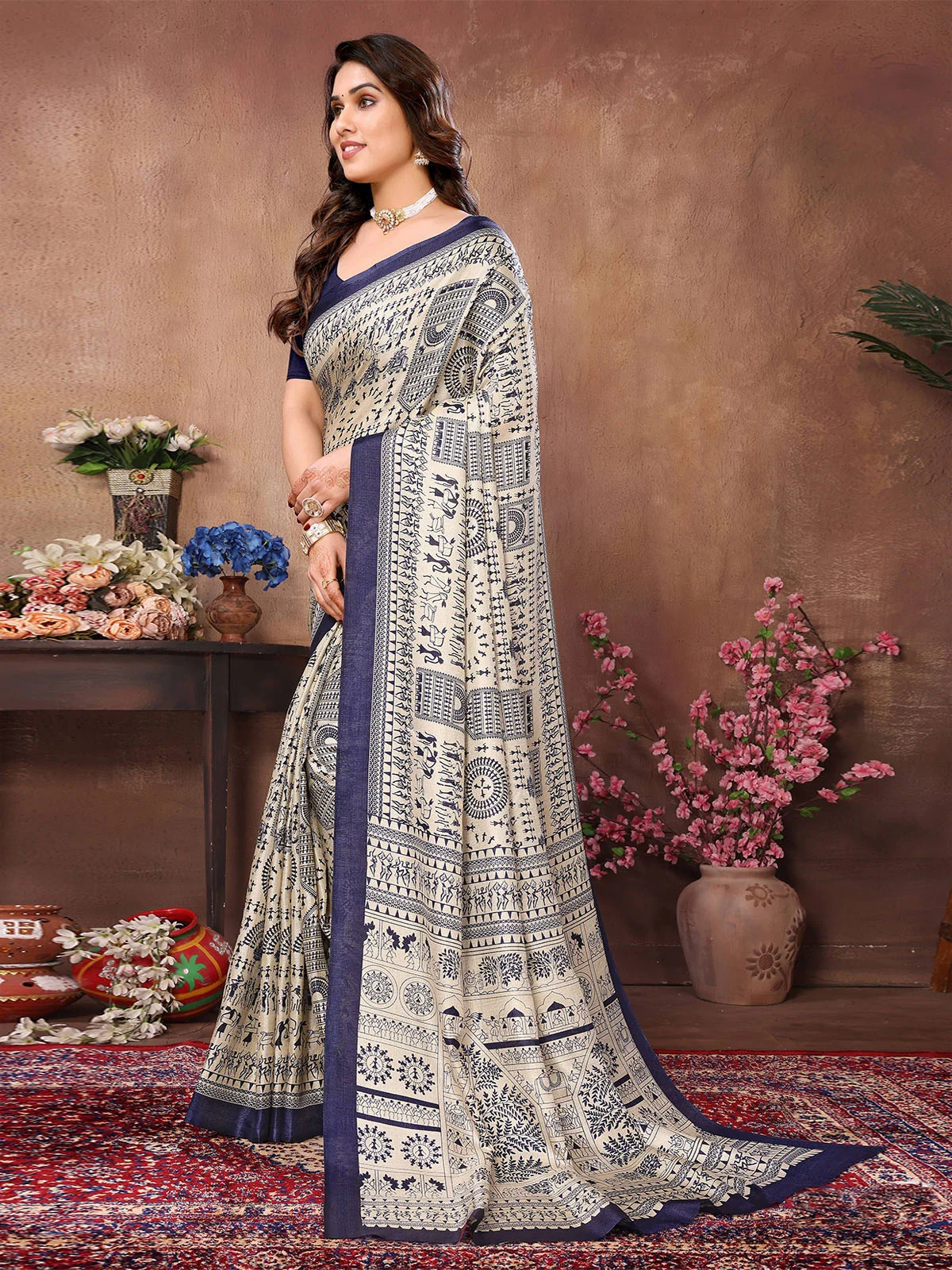 Odette Cream Cotton Printed Saree With Unstitched Blouse For Women - Image 2