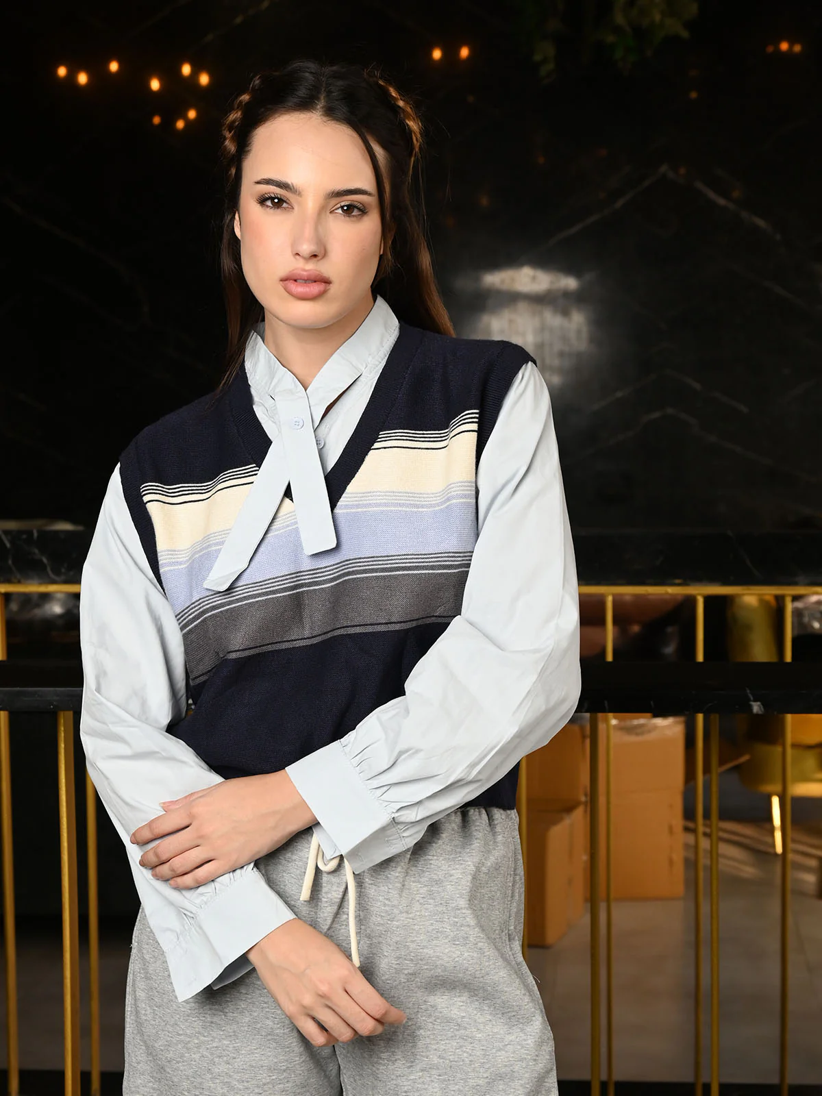 Odette Blue Knitted Outer With Poplin Shirt For Women - Image 3