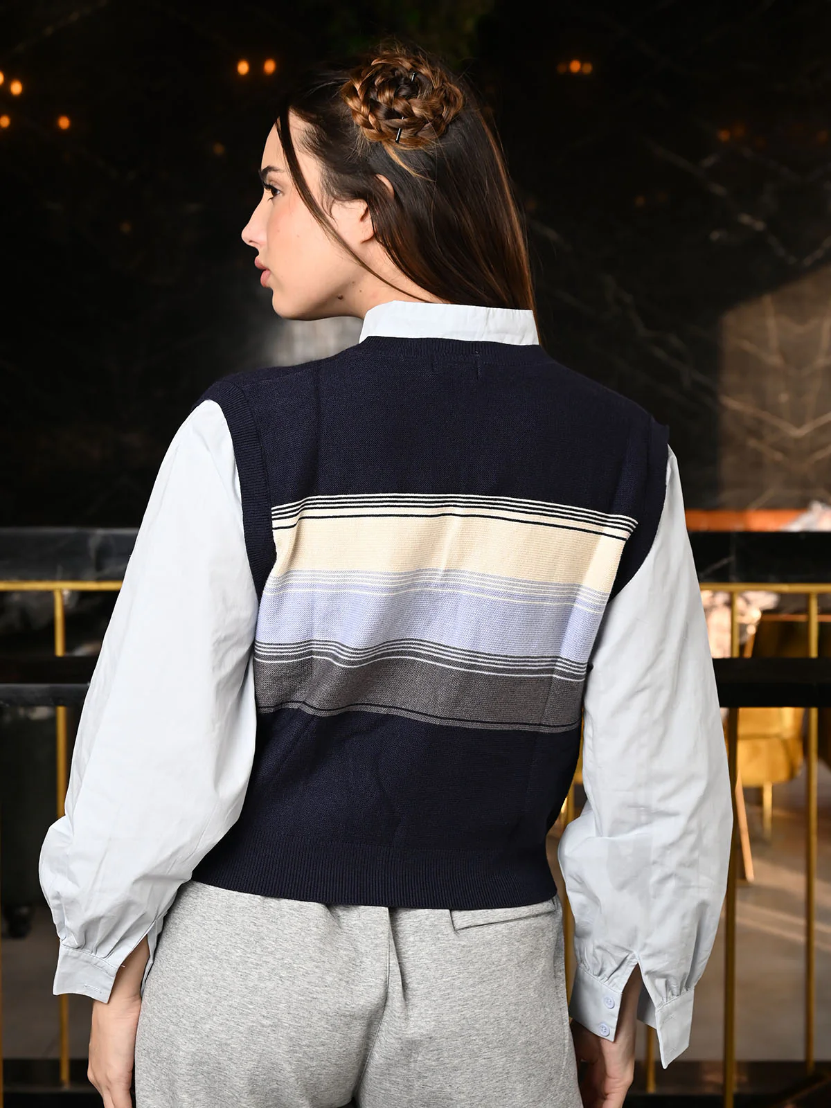 Odette Blue Knitted Outer With Poplin Shirt For Women - Image 5