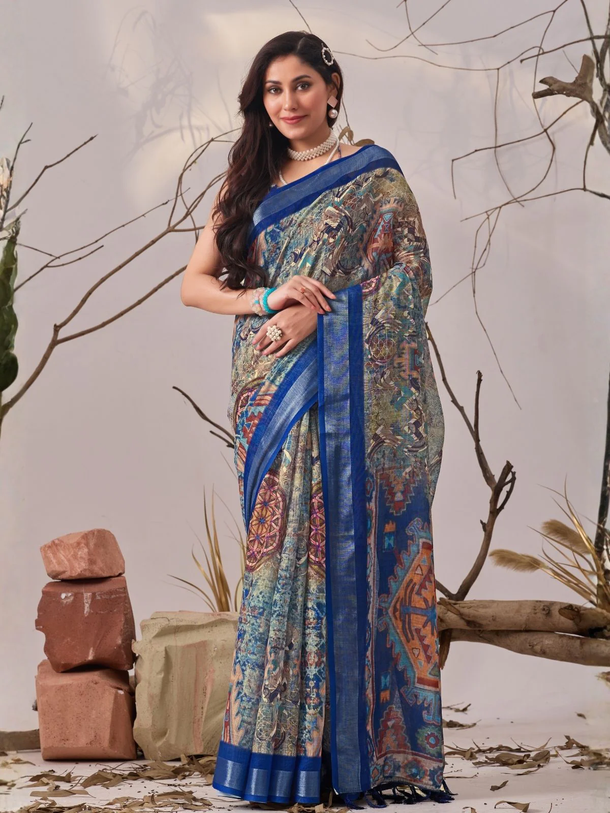 Odette Blue Linen Cotton Printed Saree For Women
